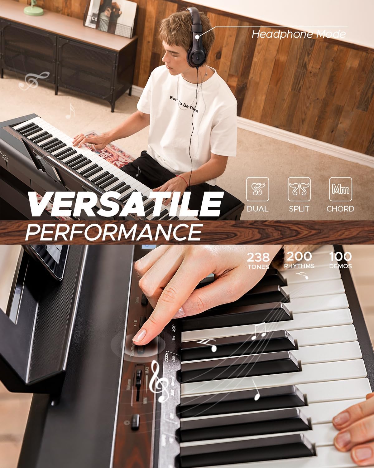 Starfavor SP-150W with Stand Digital Piano with Pedal, 88 Key Weighted Keyboard with Hammer Action,2x30W Speakers,200 Rhythms,238 Tones, Wood Grain Pattern, MIDI/USB