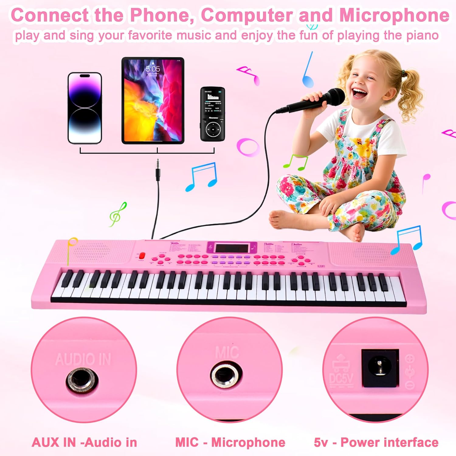 Kids Keyboard Piano, 61 Light-up Key Electric Piano Musical Learning Toy for Beginners with Microphone, Music Stand, Notekey Sticker, Birthday Xmas Gift for 3-10 Years Old, Pink
