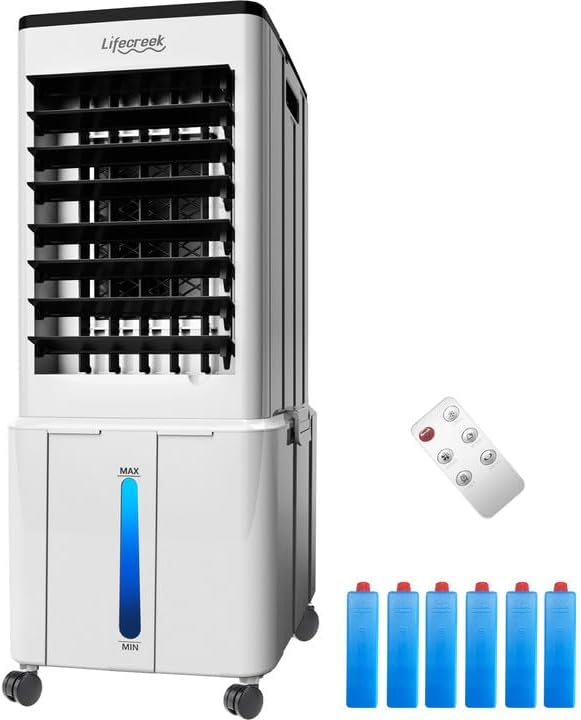 Portable Air Conditioner, 3-IN-1 Evaporative Air Cooler w/3.2Gal Tank, 4 Modes & 3 Speeds, 12H Timer, 6 Ice Packs, Remote Control, Windowless Swamp Cooler for Bedroom,Home,No Hose Needed