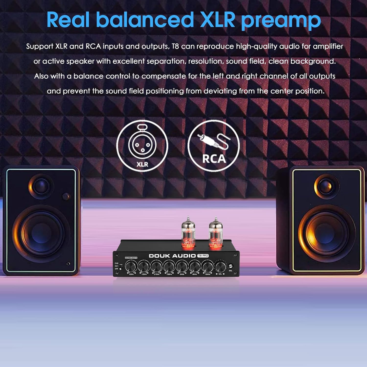 Douk Audio Balanced EQ Preamp: 7-Band Equalizer - Vacuum Tube Preamplifier with XLR RCA Inputs & Outputs - for Home Stereo HiFi System, Amplifiers, Active Speakers (T8 PRO Black)