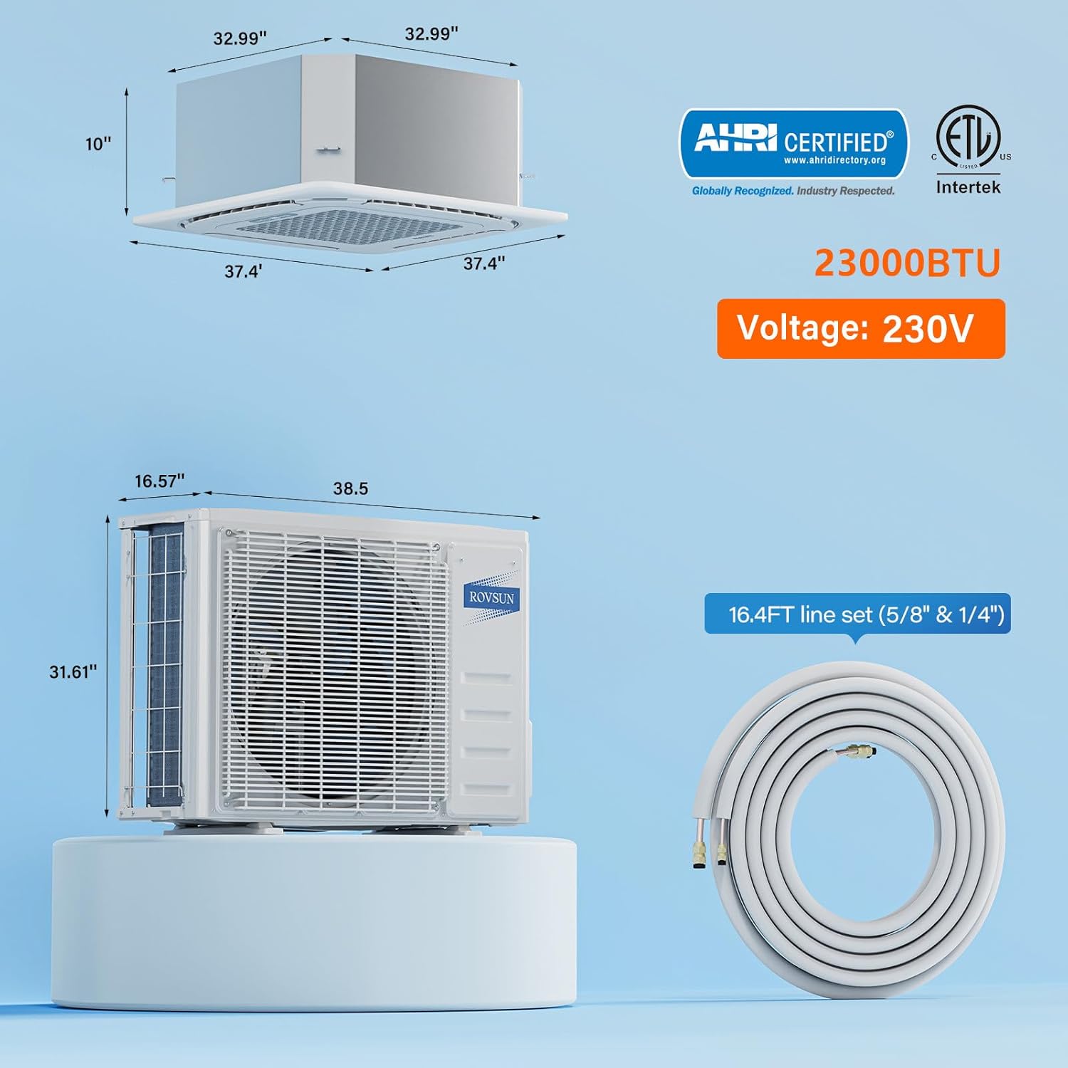 ROVSUN 23000 BTU Ceiling Cassette Air Conditioner with Inverter & Remote Control, 23 SEER2 Ductless Mini Split AC/Heating System with Pre-Charged Condenser, Heat Pump & Installation Kit, 230V