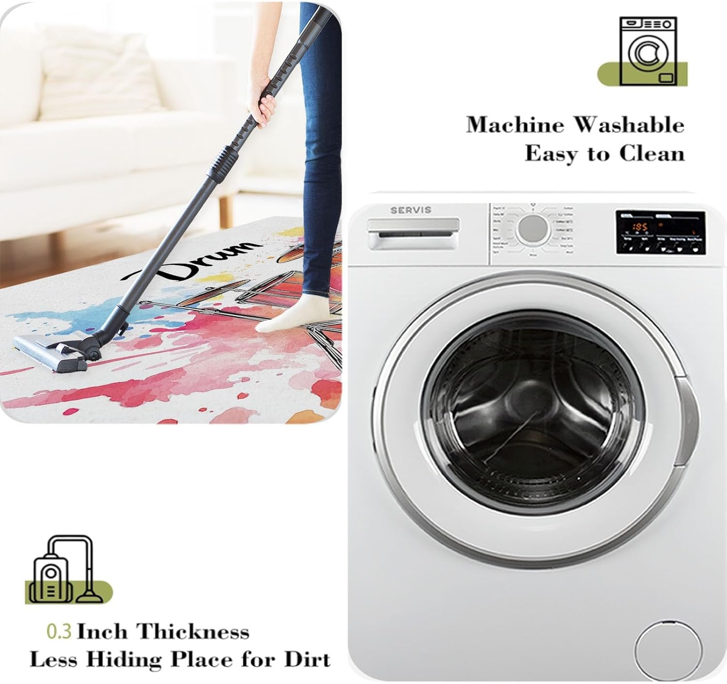 Music Instrument Drum Machine Washable Area Rugs for Living Room, 5 X 8 Ft Large Low Pile Carpet with Non-Slip Backing, for Bedroom Kids Nurser Office Entryway Dining Room, Graffiti