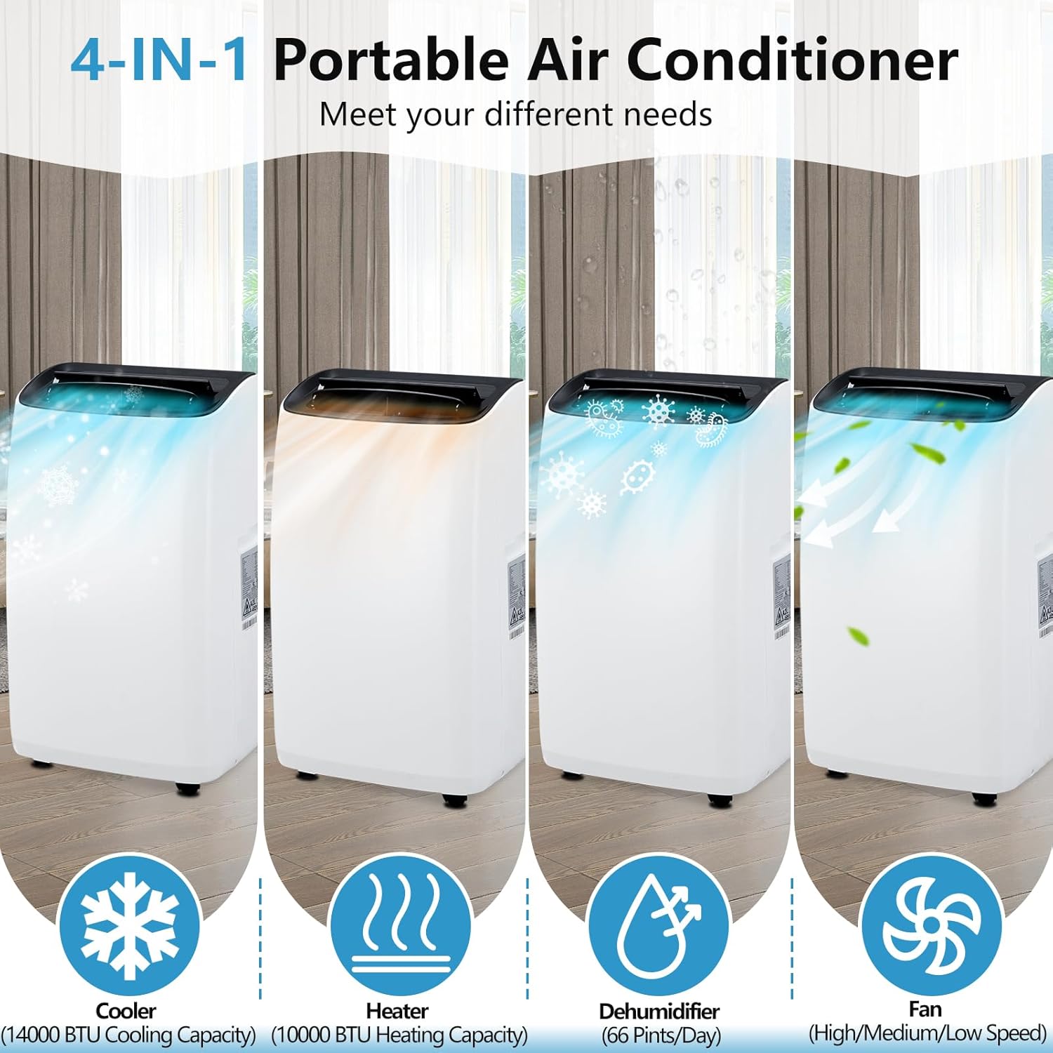 Portable Air Conditioner,14000 BTU Freestanding AC Unit for Rooms up to 750 Sq.Ft,Cooler, Heater, Dehumidifier and Fan, 4-in-1 AC with Remote Control and Window Kit, Sleep Mode 53db, White