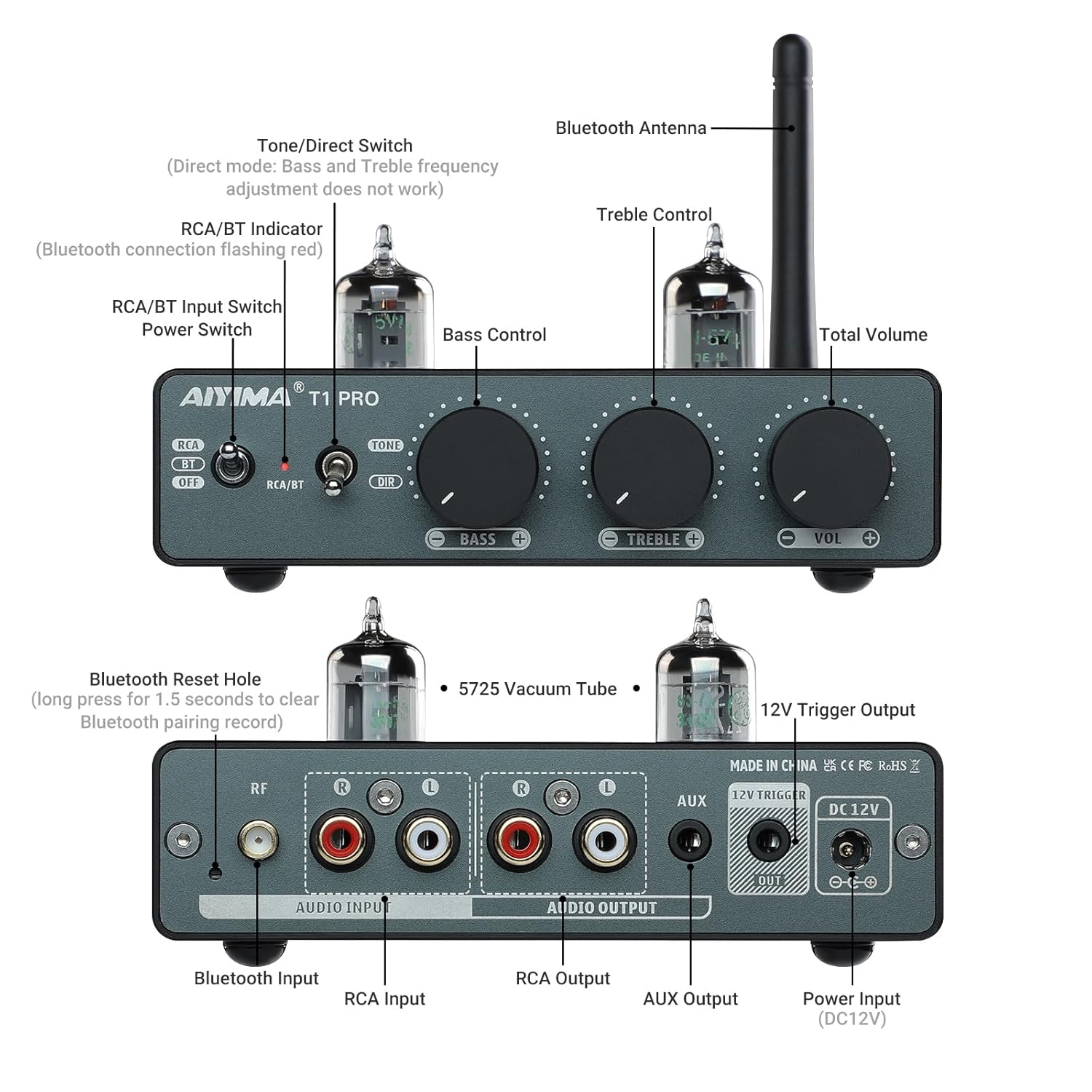 AIYIMA T1 PRO Tube Preamp Vacuum Receiver Home Audio Preamplifier with RCA/Bluetooth & Bass Treble for HiFi Stereo Amplifier&Powered Speakers,with AUX/12V Trigger Signal Output