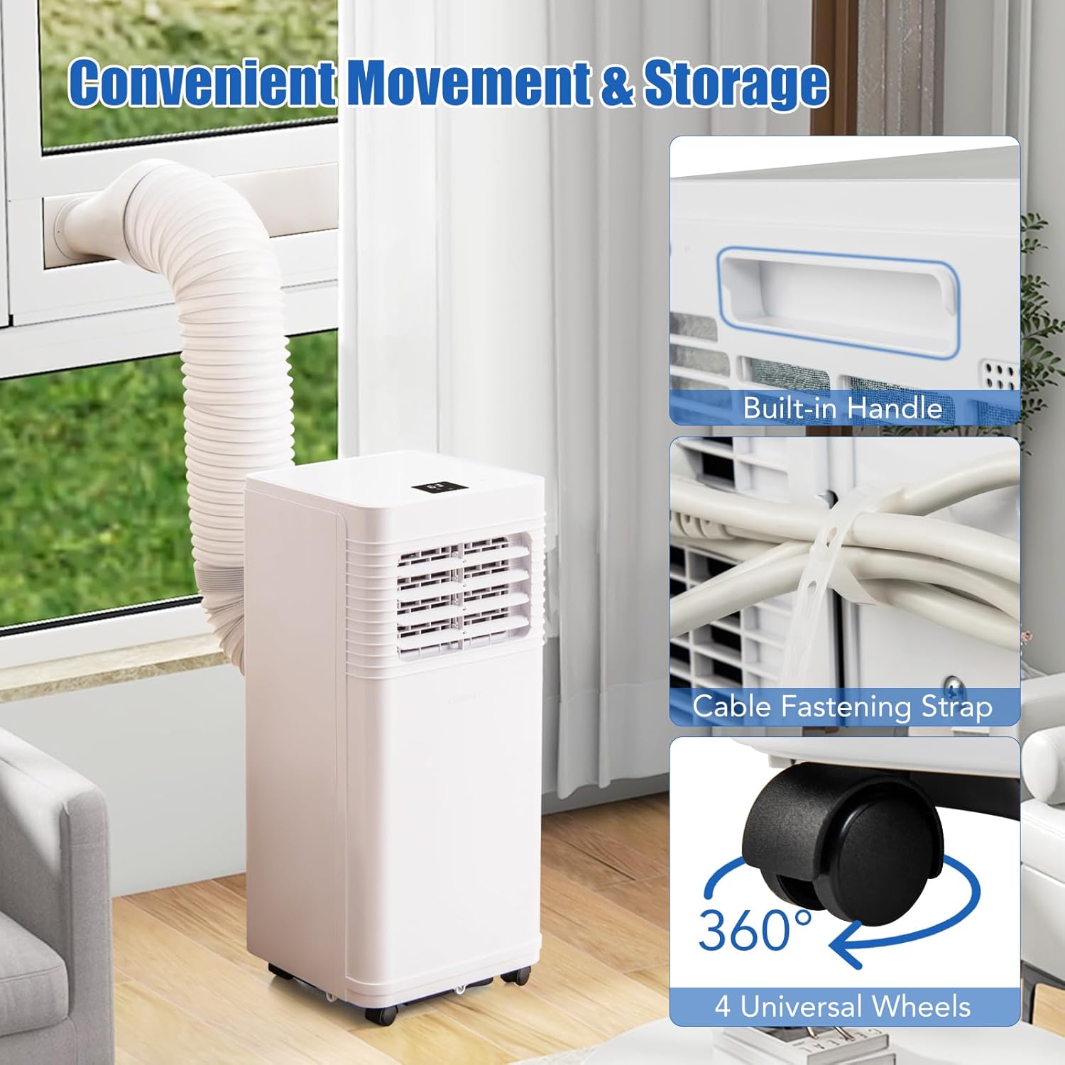 COSTWAY Portable Air Conditioner, 9000 BTU Air Conditioner with Fan & Dehumidifier, 24H Timer & Remote Control, Window Installation Kit, AC Unit Cools Rooms up to 300 Sq.Ft (9000 BTU)