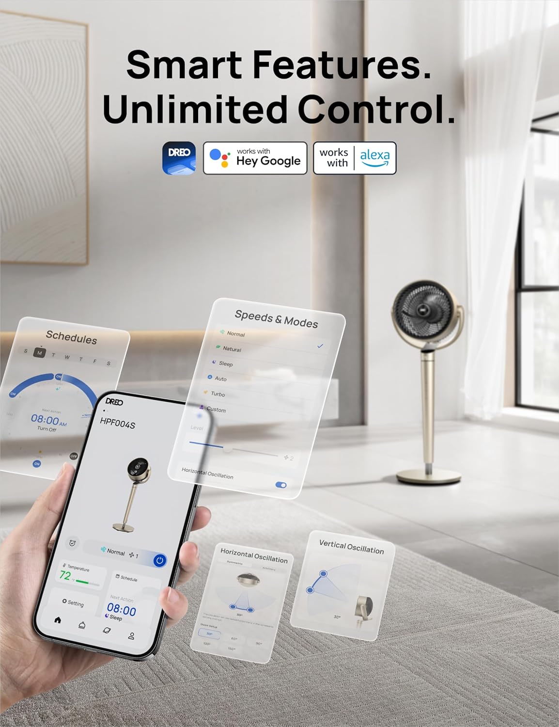 Dreo Pedestal Fan with Smart Control, 43'' Inches, 150°+120° Omni-Directional Oscillating Quiet Fans for Bedroom, 110ft Circulator Fan with DC Motor, 9 Speeds, 6 Modes, 12H Timer, Wi-Fi/Voice/Alexa