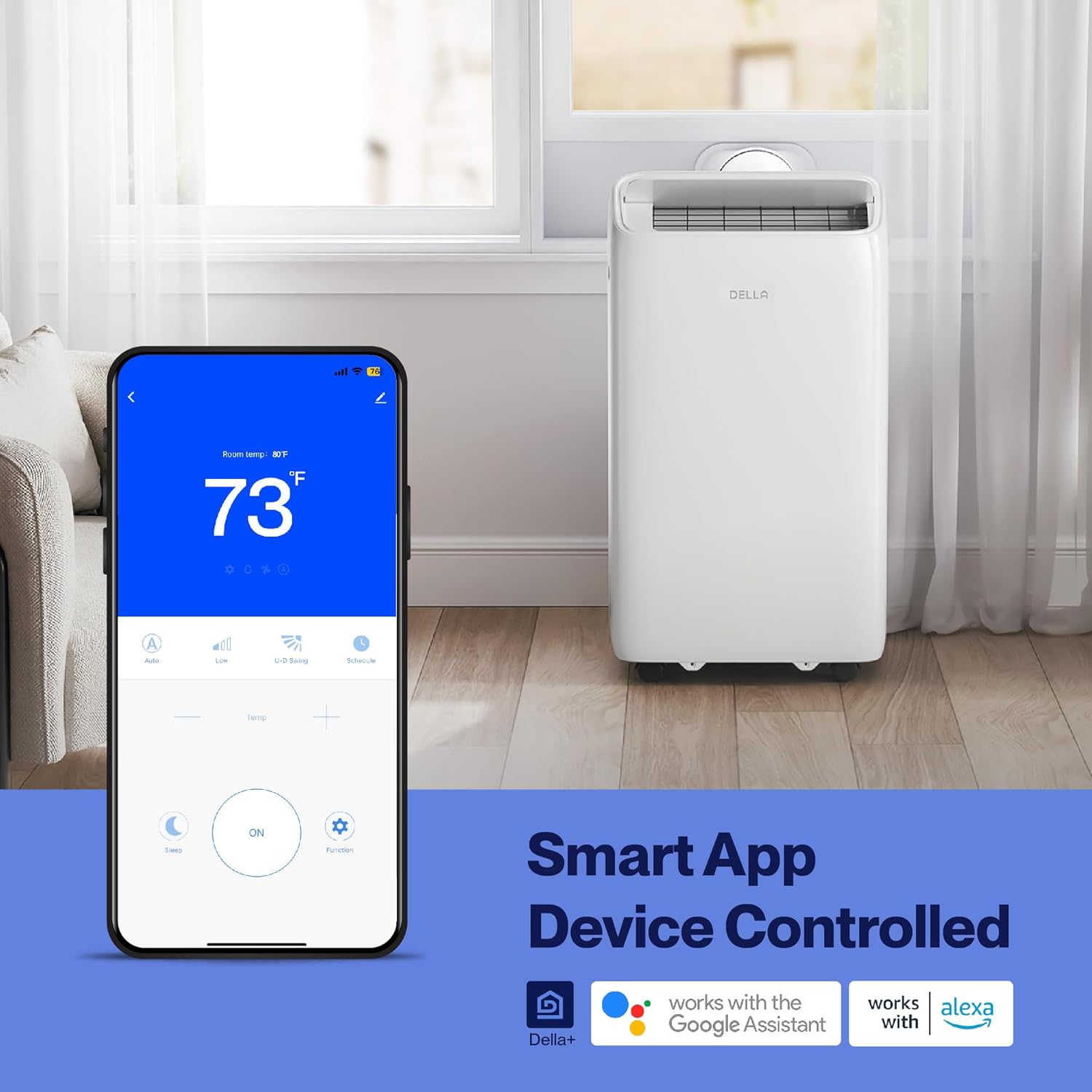 Della 14000 BTU Ultra Quiet Inverter Portable Air Conditioner Works with Alexa Cools Up To 450 Sq. Ft. Smart Wifi Portable AC Unit with Remote & App Control, Dehumidifier & Fan, Sleep Mode(45dB)