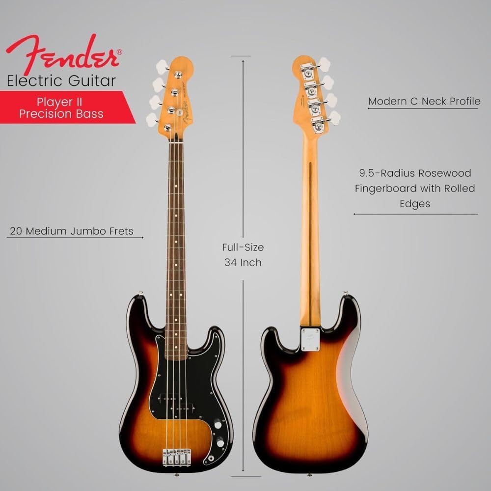 Fender Player II Precision Bass 3 color Sunburst w/Rosewood Bundle with Fender Electric Guitar Bag Black, Fender Classic Celluloid Guitar Picks 12-Pack and 10ft Fender Instrument Cable Black