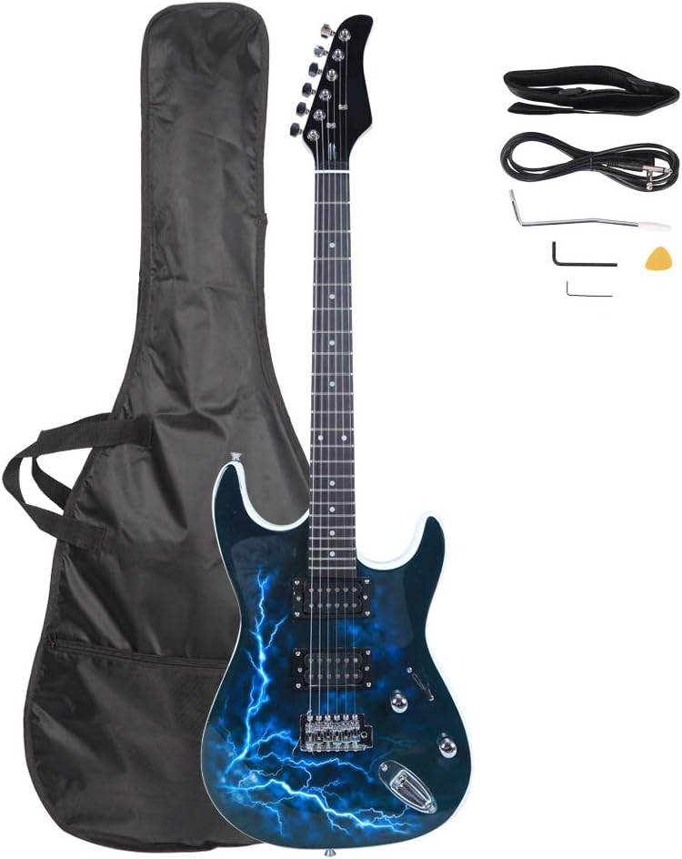 Electric Guitar with Gig Bag,Straps,Picks,Power Cord,Tremolo Arm Set for for Beginner Kid Teen Student Adult Travel,Lightning Style (White back)
