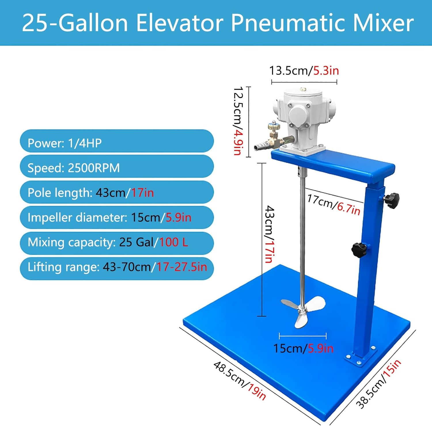 25 Gallon Pneumatic Paint Mixer Machine, 1/4HP Stainless Steel Pneumatic Mixer,with Stand Ink Paint Mixing Tool