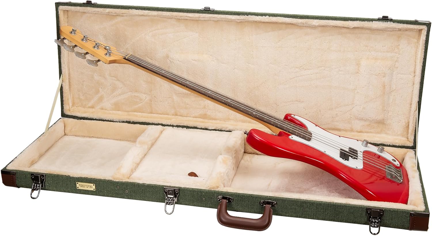 Crossrock Bass Guitar Case for Fender Precision & Jazz Bass | Green Chevron Tweed, Plush Velvet Interior, Genuine Leather Handle & Security Lock, Reinforced Hardware – Master Series (CRW760BGN)