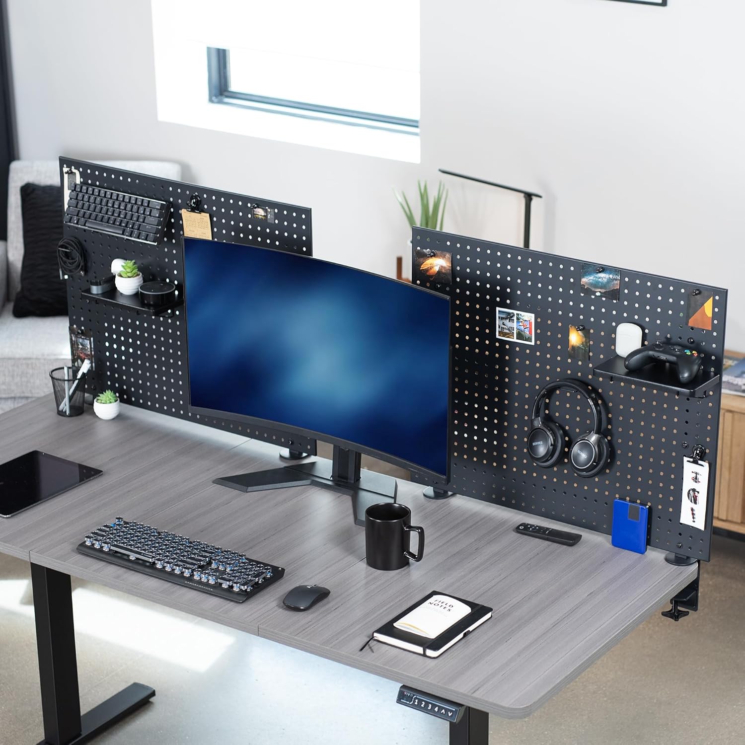 VIVO Steel Clamp-on Desk Pegboard, 60 x 24 inch Privacy Panel, Magnetic Peg Board, Office Accessory Organizer, Above or Below Desk Placement, Black, PP-DK30B-2
