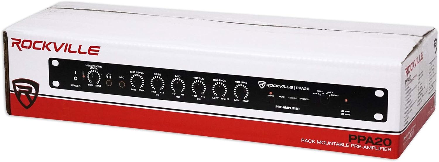 Rockville PPA20 Preamp 11V 1U Rack Mount Professional Pre-Amplifier, Phono Input, XLR Outputs, 3-Band EQ, for Home Audio and Studio Recording