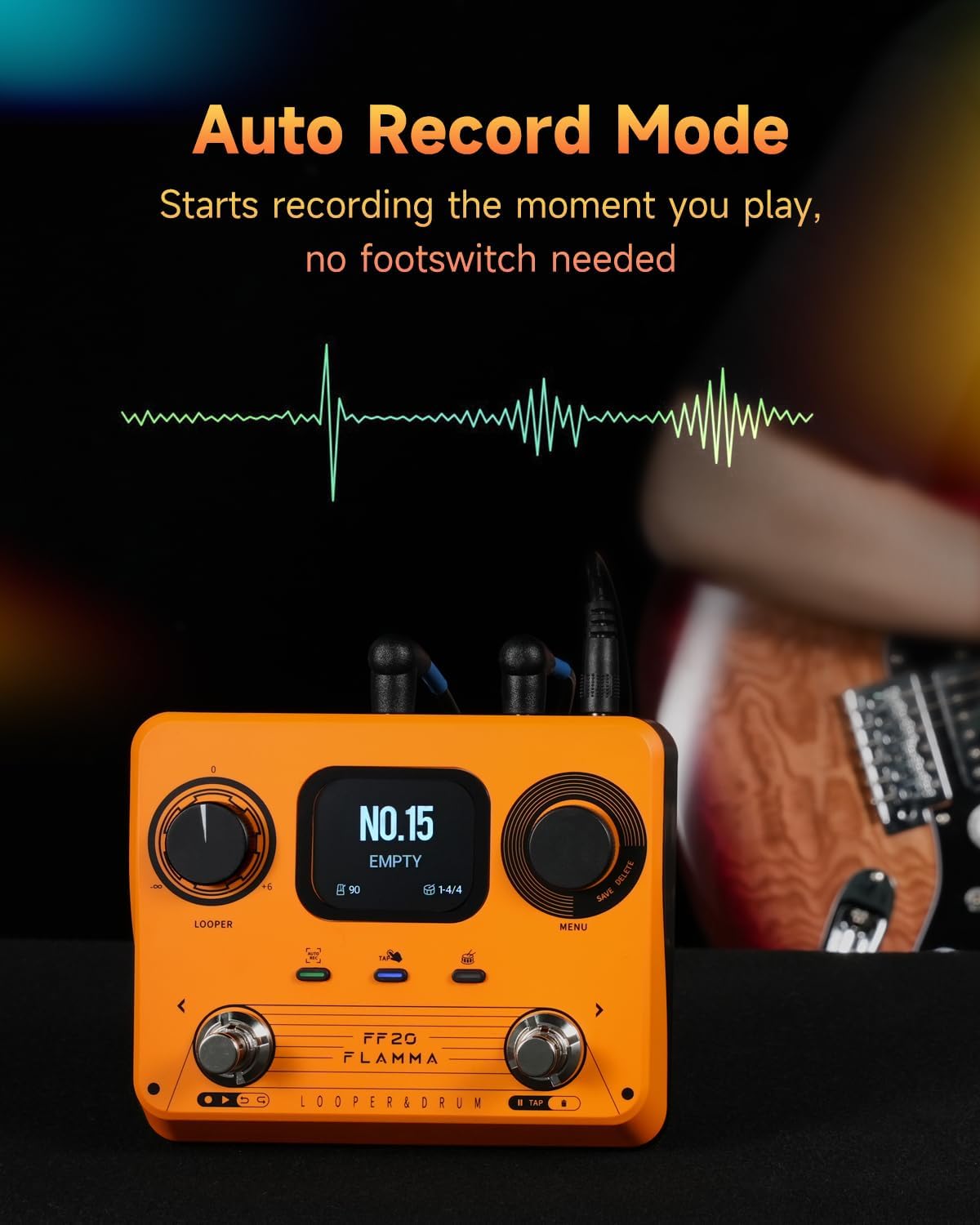 FLAMMA FF20 Looper Pedal Drum Machine, Drum Looper Guitar Pedal with Screen, 300 Min Recording, 220 Drum Grooves, 100 Loop Slots, Time Stretch, Auto Record, USB & Headphone Out, for Guitar and Bass