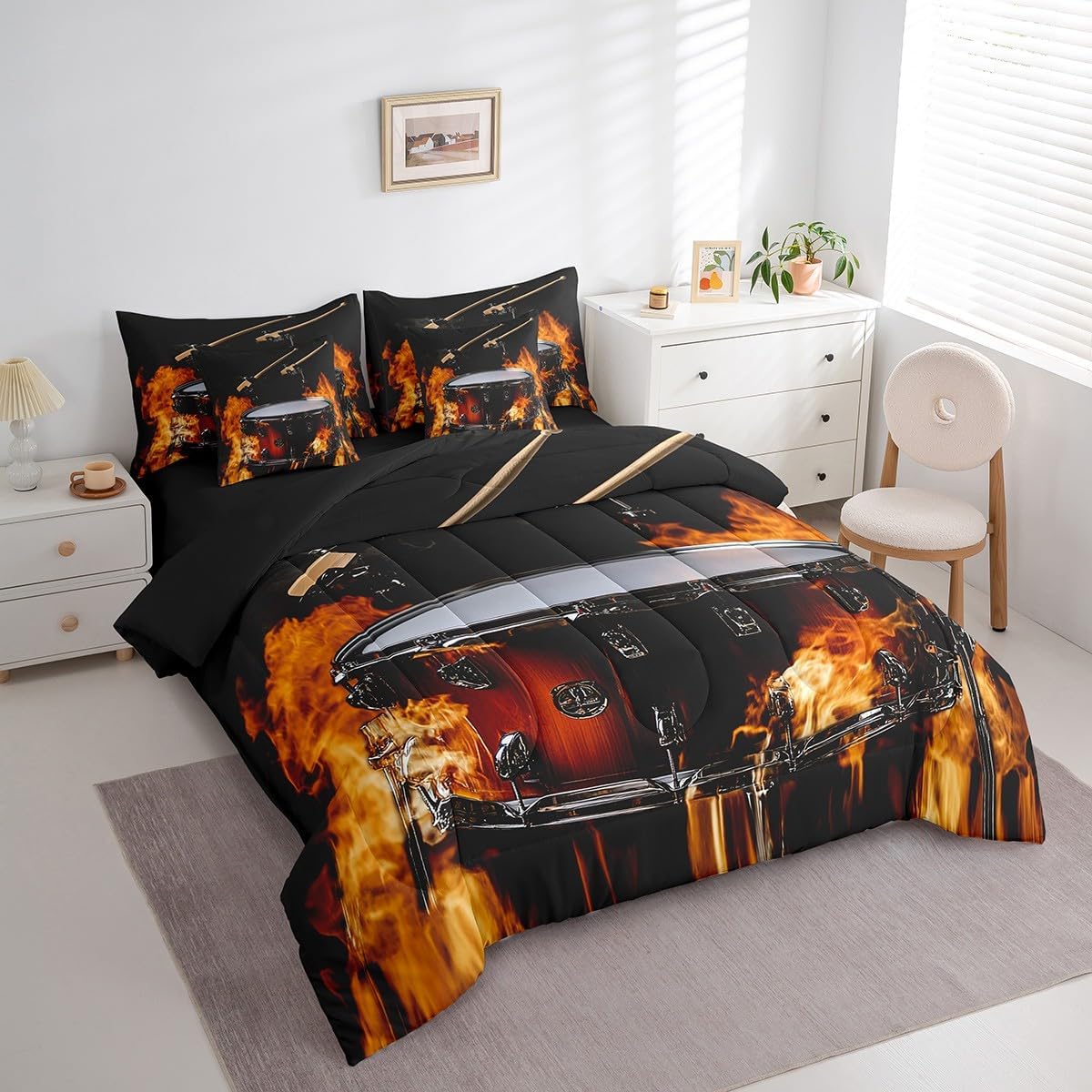 Erosebridal 7 Piece Grunge Drum Kit Bedding Set Full Size Comforter Set,Burning Fire African Drum Bed in a Bag,Classical Rock Roll Music Flat Fitted Sheet,Pop Music Lovers Bedding Comforter Sets