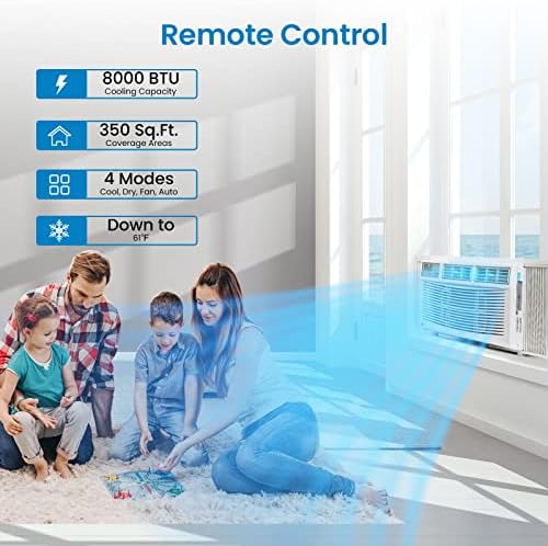 8,000 BTU Window Air Conditioner, Cools Up to 350 Sq. Ft., Eco Mode, Remote Control, 3 Fan Speeds, Quiet Operation, Auto Restart, White