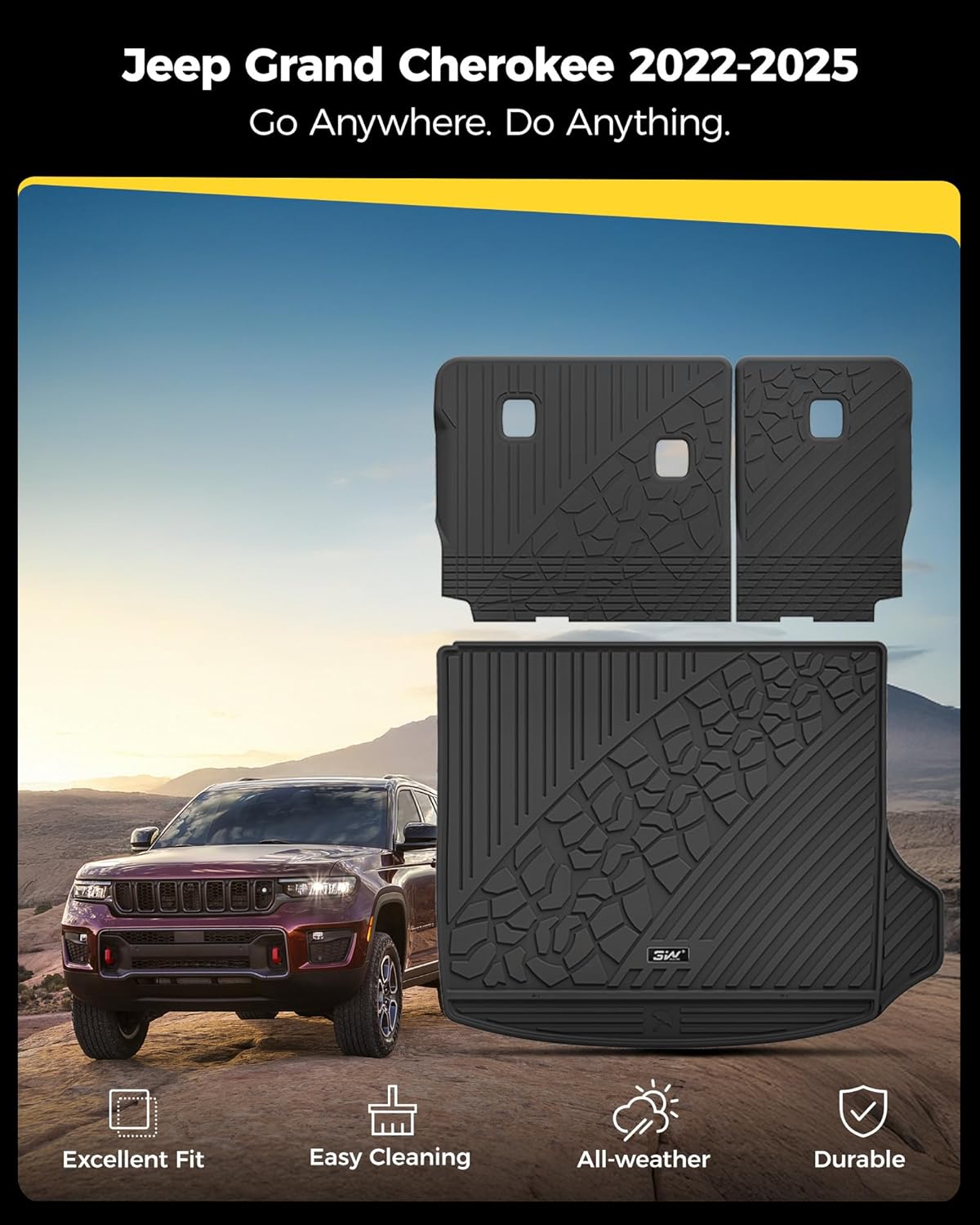 3W Cargo Mat for 2022-2025 Jeep Grand Cherokee Accessories, Full Coverage All Weather Trunk Cargo Liner with Backrest Protectors (Include 4xe Not for L or WK), Black