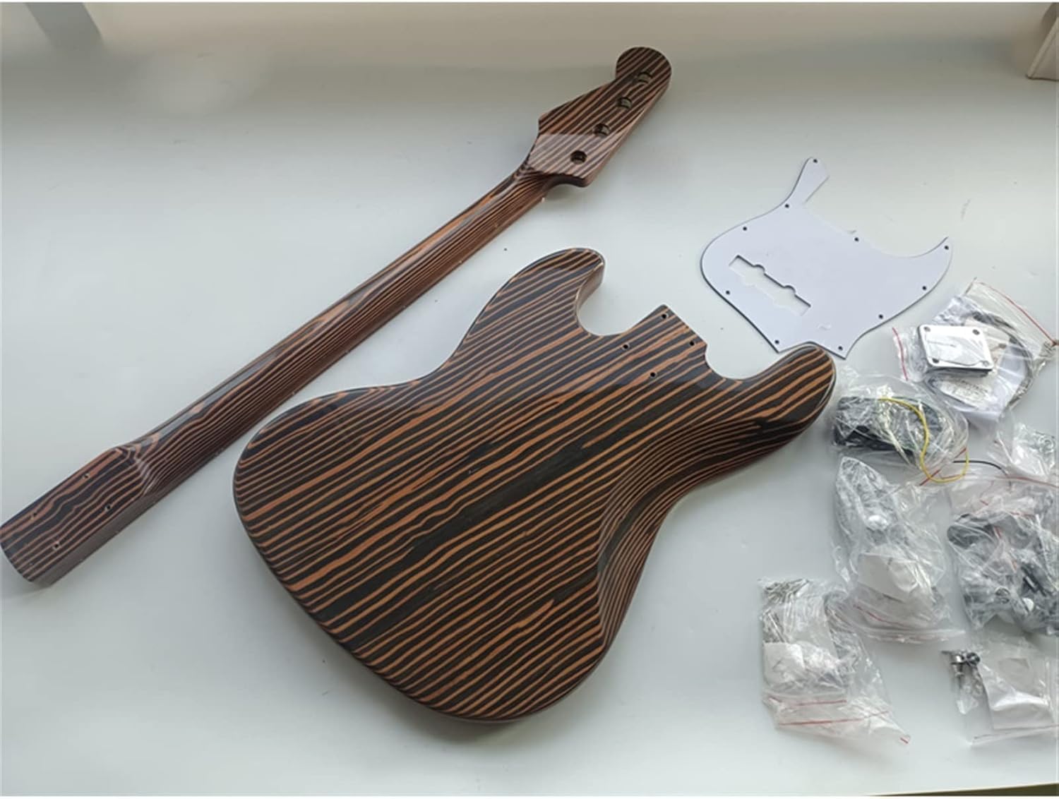 TSTS 4 String Electric Bass Guitar Zebrawood Body and Zebrawood Neck and Fingerboard DIY Kit Unfinished Electric Guitar Kit