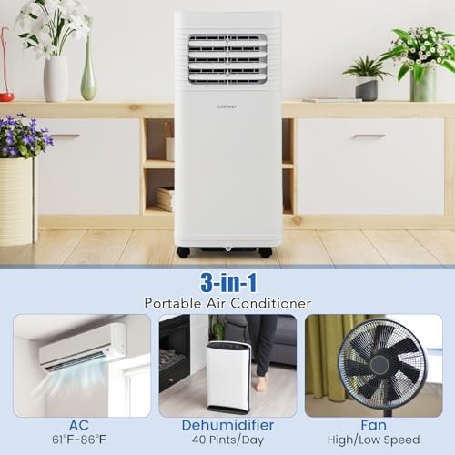 COSTWAY Portable Air Conditioner, 8000 BTU Air Conditioner with Fan & Dehumidifier, 24H Timer & Remote Control, Window Installation Kit, AC Unit Cools Rooms up to 250 Sq.Ft (8000 BTU)
