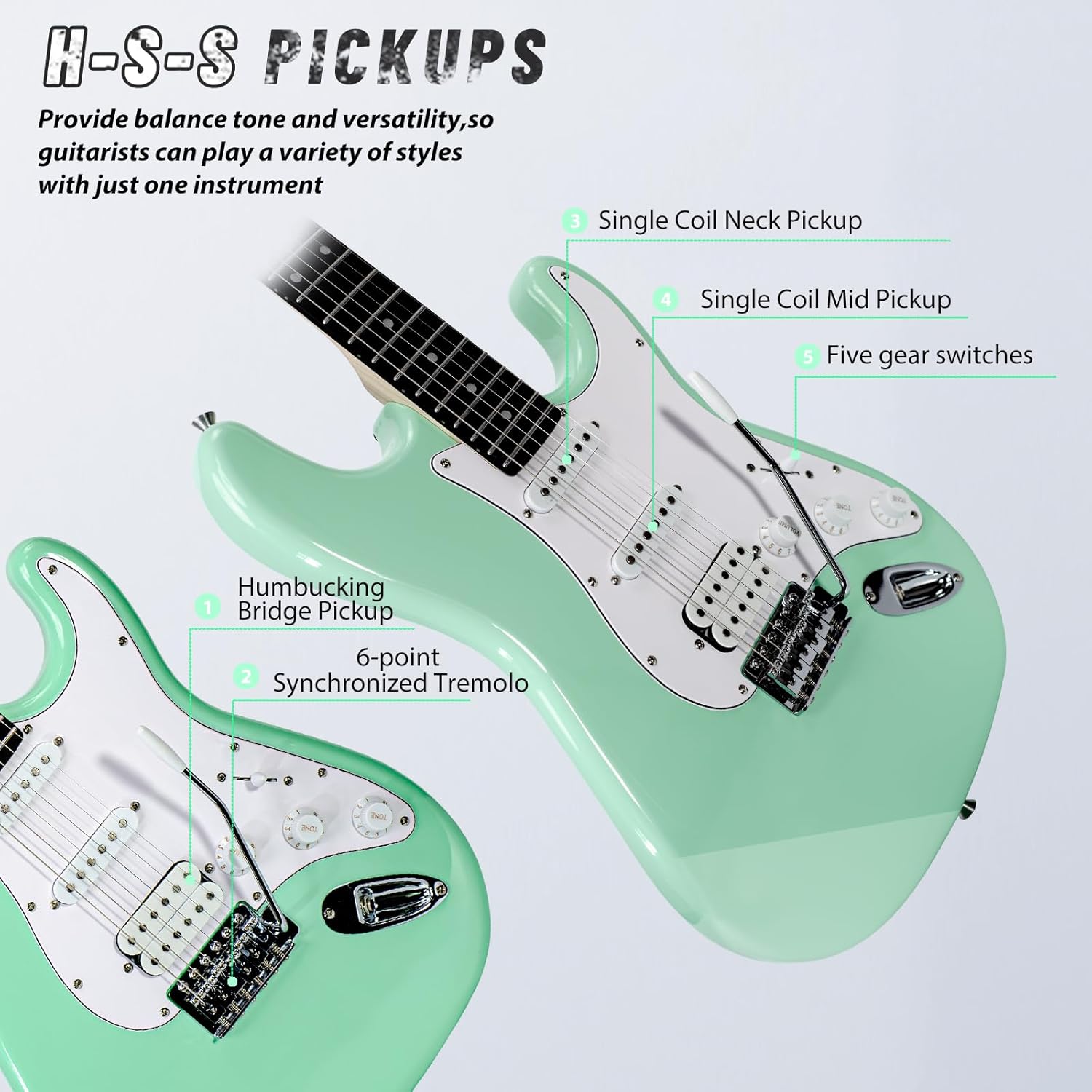 Tostar Electric Guitar Full Size Kit for Beginners 6 String with Amp SSH Pickup with Gig Bag,Capo,Tremolo,Tuner, Strap, Picks Green Electric Guitars 39