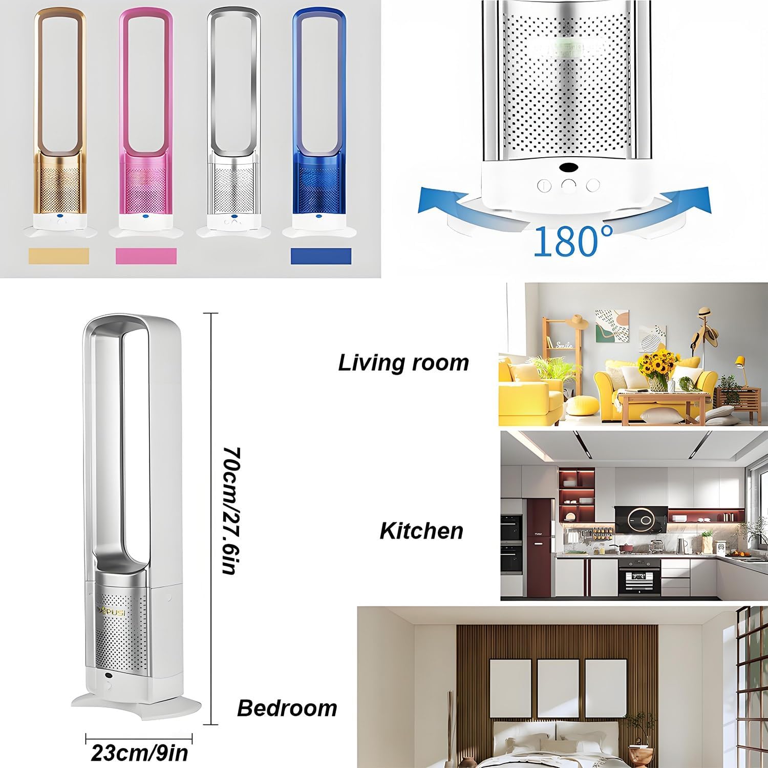 32'' Tower Fan Portable, Bladeless Desk Fan for Bedroom, Quiet Cooling Floor Fans 180° Oscillating for Home, Office 27.6H(Red)