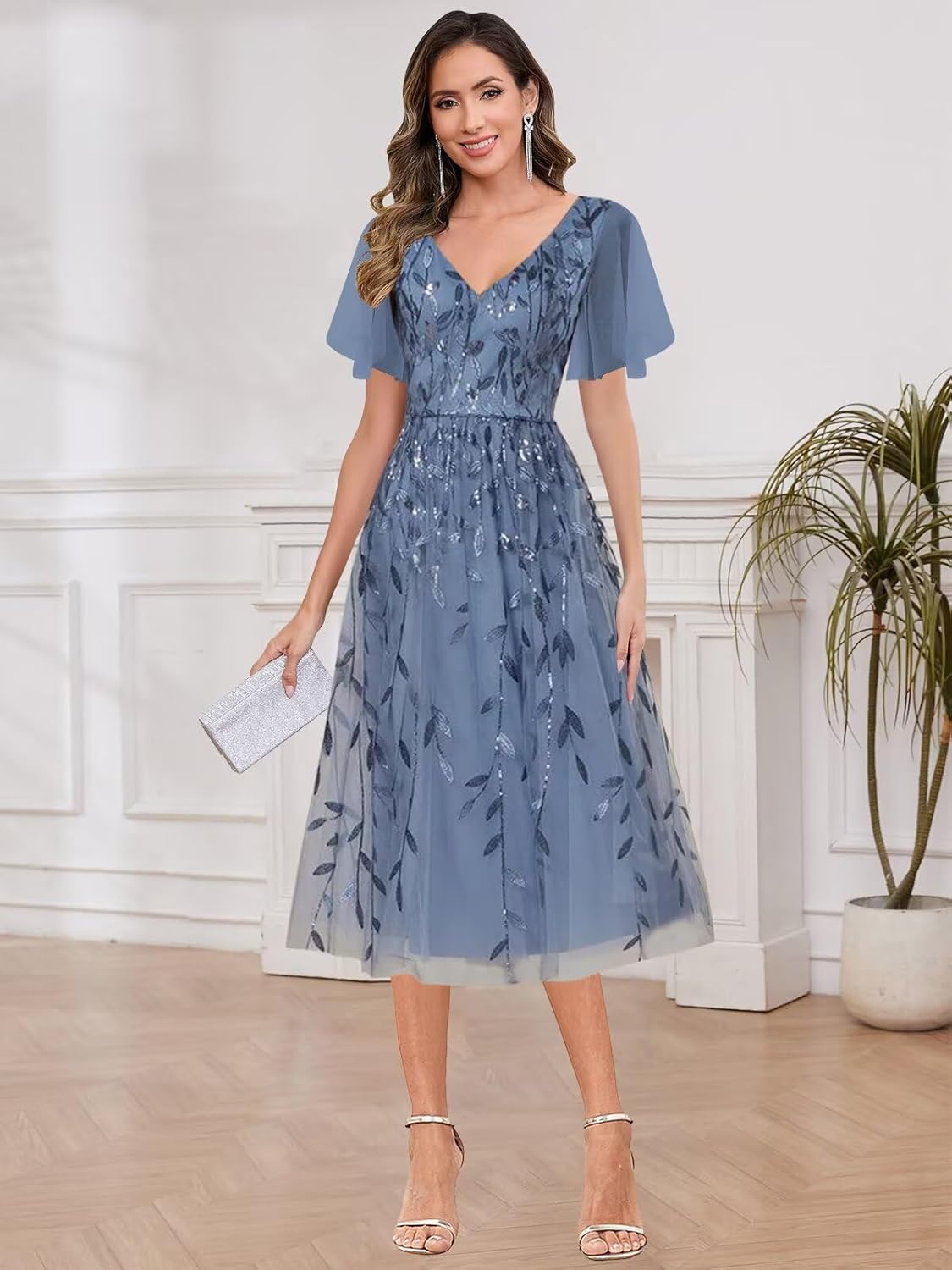 Sukleet Tea Length Sparkly Mother of The Bride Dresses for Women V Neck Flutter Sleeve Sequin Cocktail Party Dress