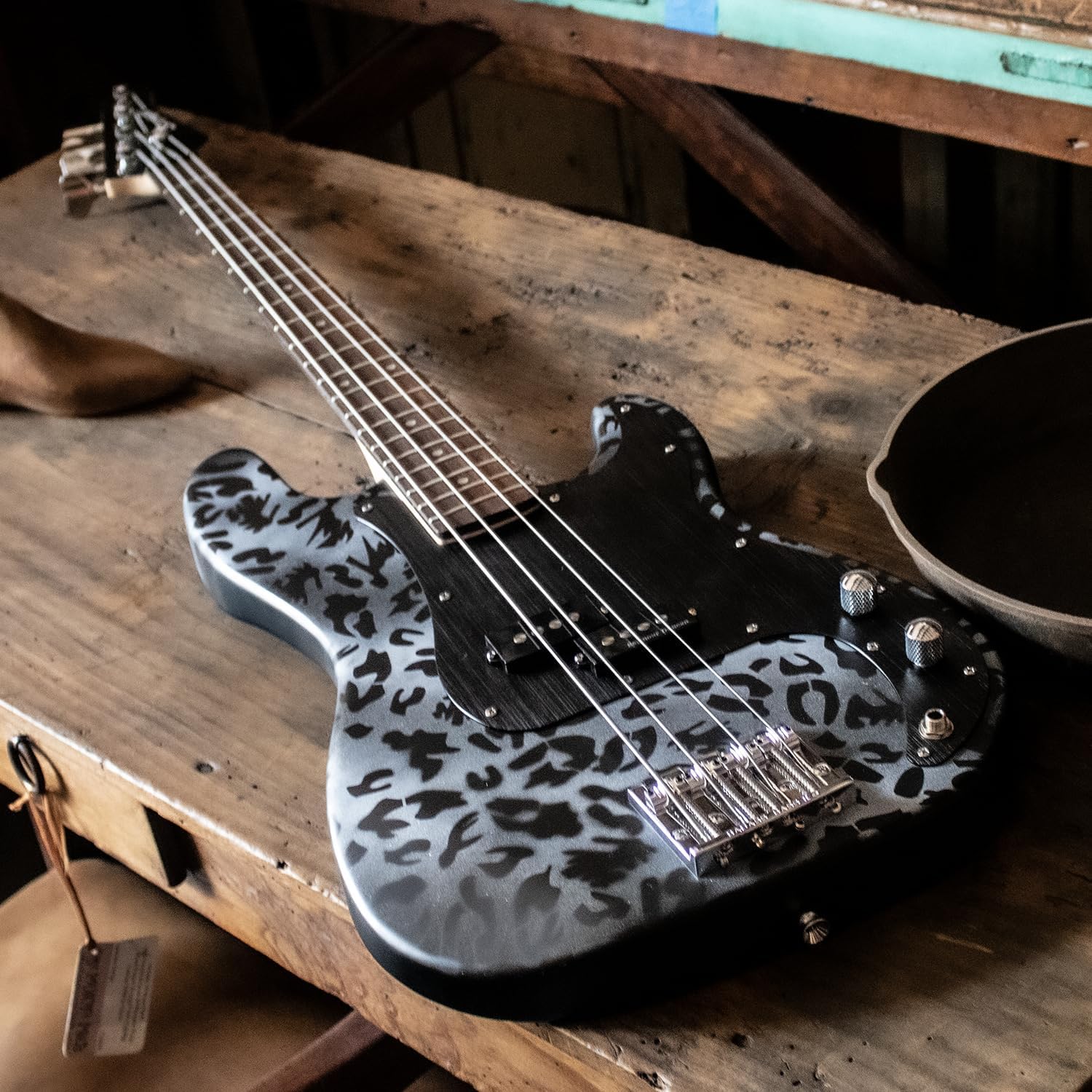 Sawtooth Johnny Martin Black and White Signature Leopard Skin Electric Bass Guitar w Padded Gig Bag