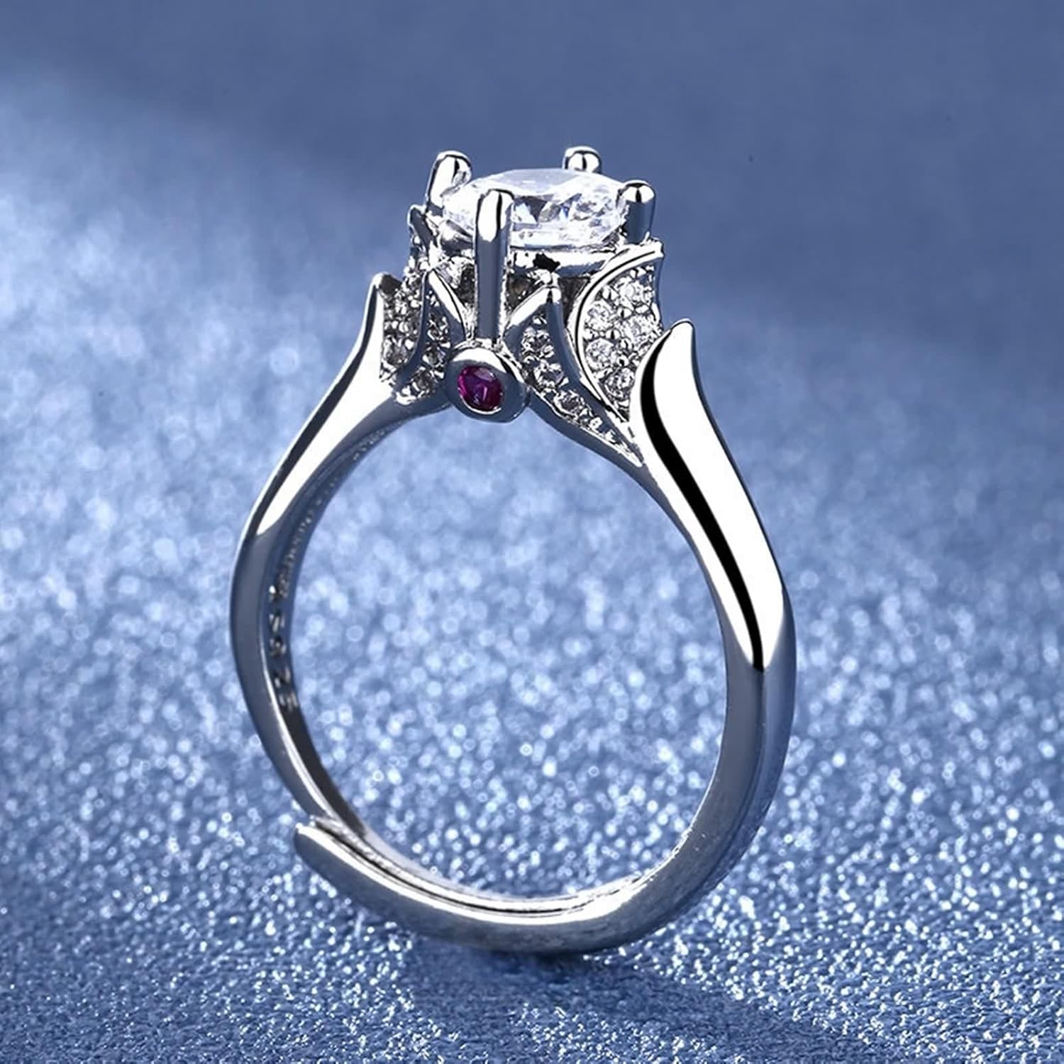 18 Karat White Gold Rings, Women's Engagement Ring Lab Diamond 4 Prongs Silver Band with Ruby for Fiancée