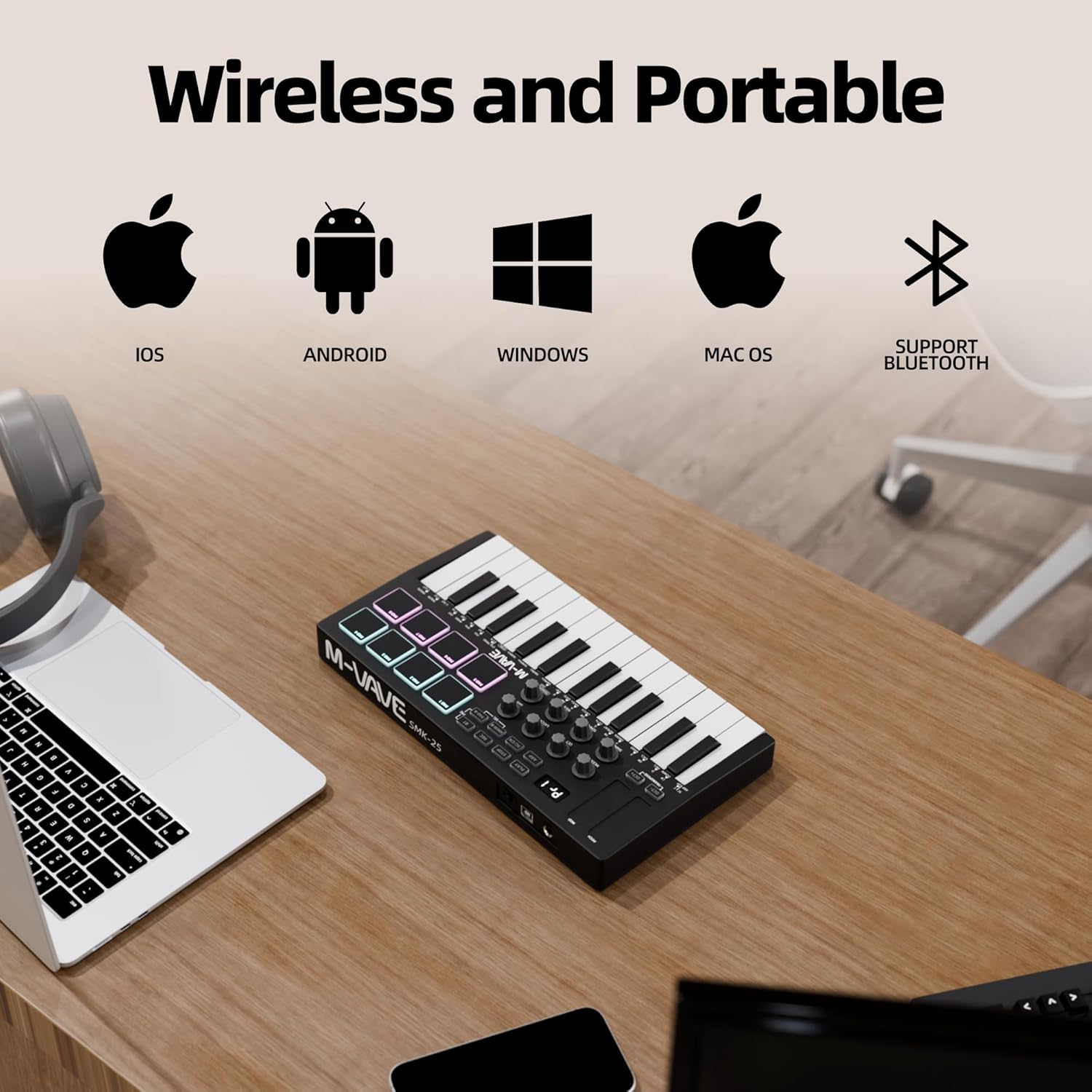 DaierTek Midi Keyboard Controller 25 Key Portable Mini Bluetooth & USB Midi Piano with 8 Backlit Drum Pad, 8 Knobs and Music Production Software for Computer Recording, Music Production