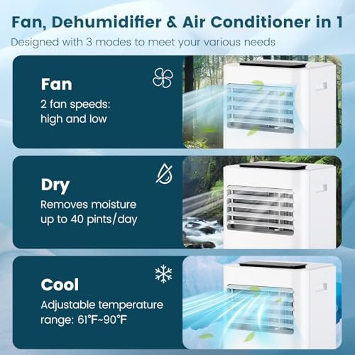 DORTALA Portable Air Conditioner 8000 BTU, 3-in-1 AC Cooling Unit with Dehumidifier, 24H Timer, Remote Control, Window Kit, Standing Air Conditioner for Home, Apartment, Dorm, Cools up to 250 Sq.Ft