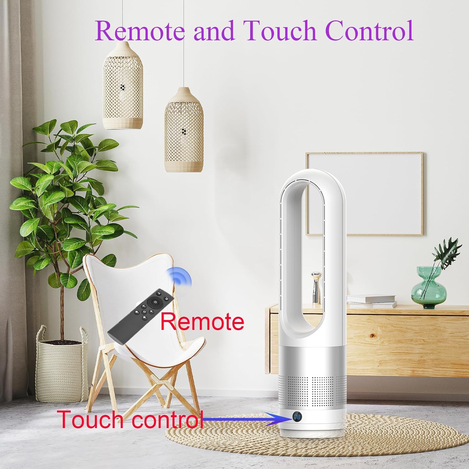 Bladeless Heater and Fan Combo, 1400 Watt Electric Heater and 40 Watt Cooling Fan, 80° Oscillation, All the Season Use, Remote and Touch Control, Office Room, Bedroom Indoor Use, Silver White