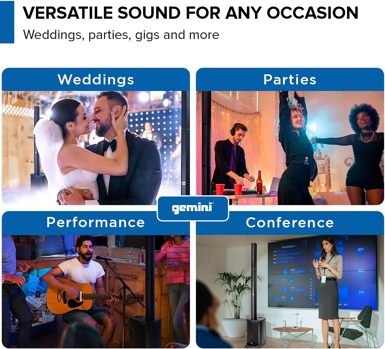 Gemini Powered Line Array PA System with Subwoofer - Column Array Speakers 1200W, Built-in Mixer, Bluetooth Streaming, Adjustable Height Tower Speakers for DJ, Karaoke, Live Performance (WPX-2000)