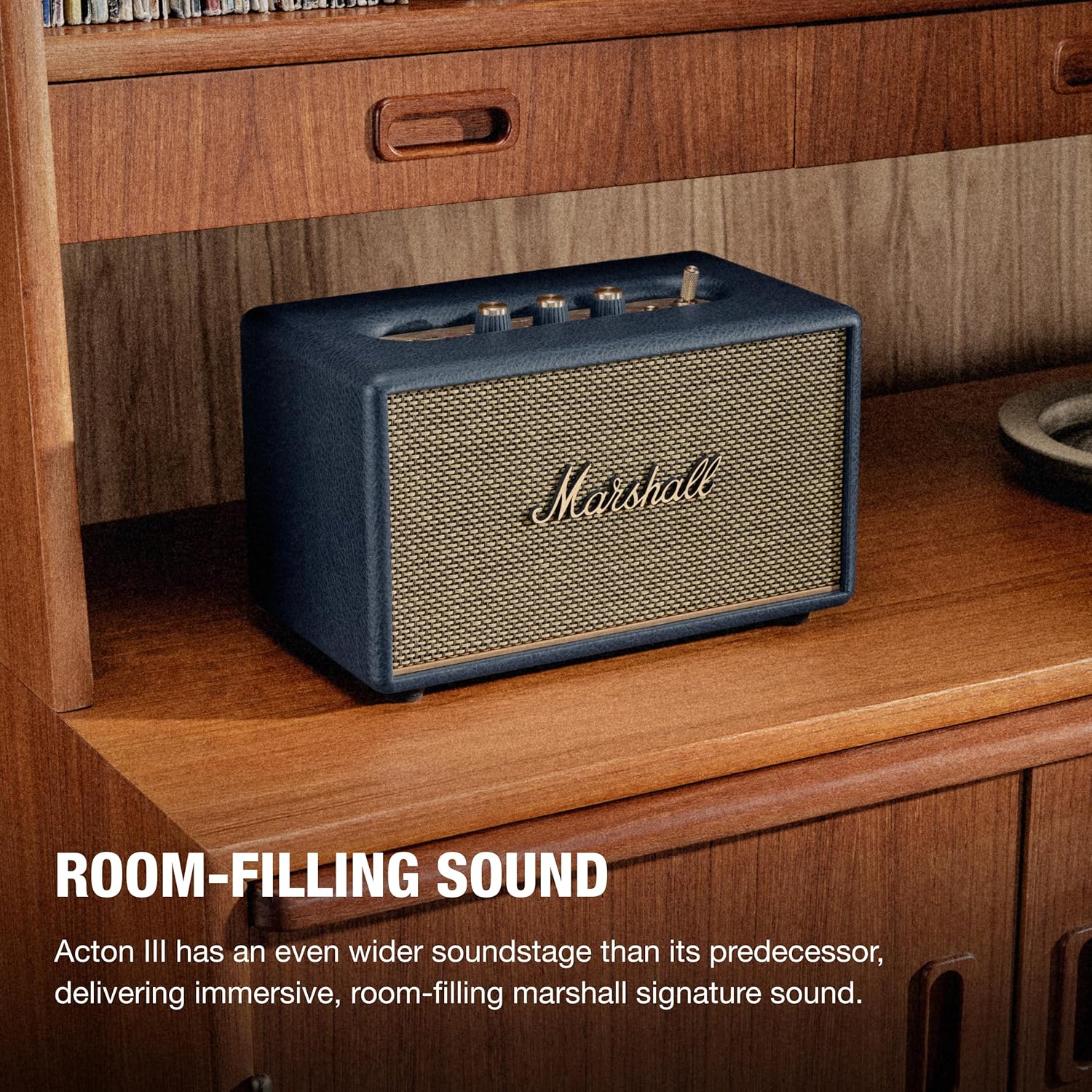 Marshall Acton III Bluetooth Home Speaker - Loud Stereo Sound with Bass and Treble Controls | Plug-in Powered | 3.5 mm Aux Input - Midnight Blue
