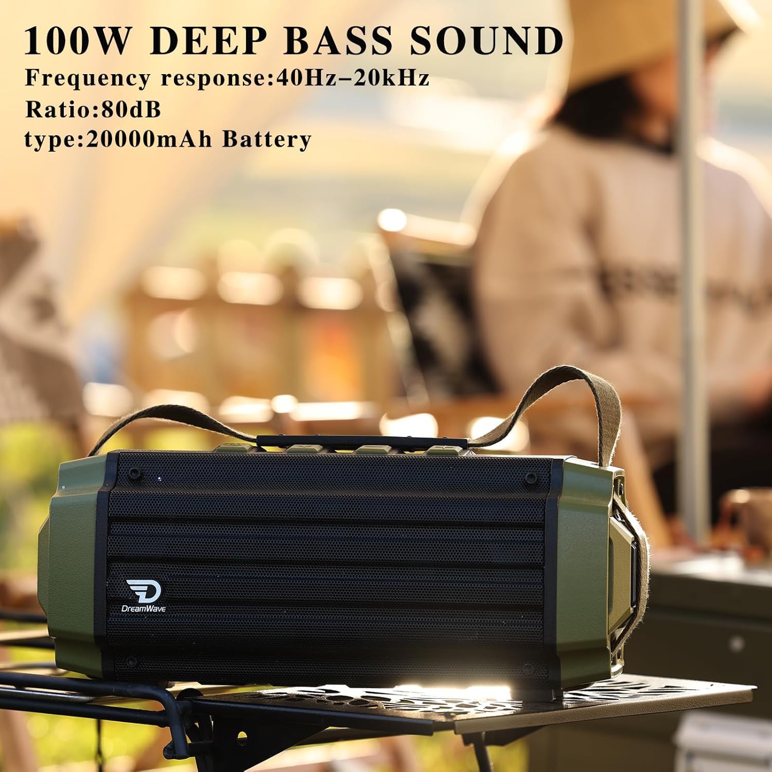 Dreamwave Tremor III Outdoor Bluetooth Speaker, 100W 107dB Loud, HiFi Sound, deep bass, Loud Stereo, IP66 Waterproof and Shockproof, Portable Wireless, Perfect for Camping, Backyard (Army Green)