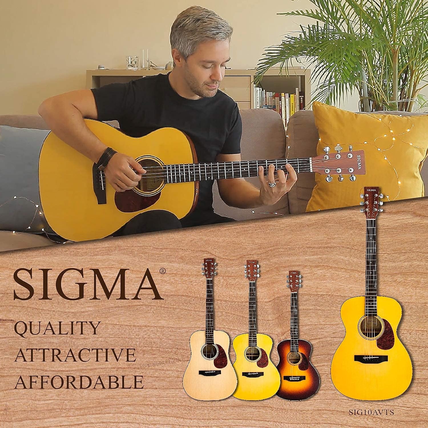 SIGMA 40” Acoustic Guitar, OOO, 4/4 Full-Size, with D'Addario EXP16 Strings, Solid Spruce Top, Vintage Tinted Gloss, Mahogany Back & Sides, Right(10A)