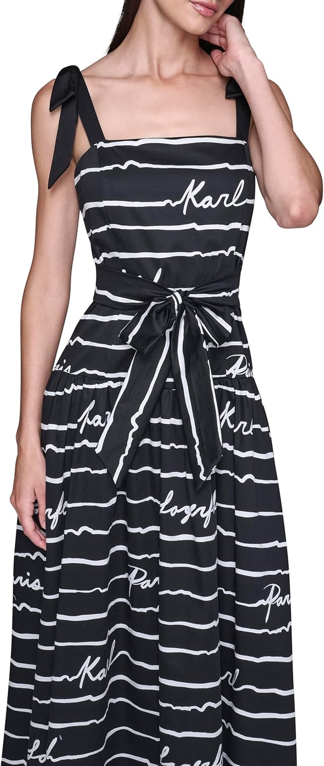 Karl Lagerfeld Women's Cotton Sateen Printed Belted Midi Dress with Bow Tie Straps