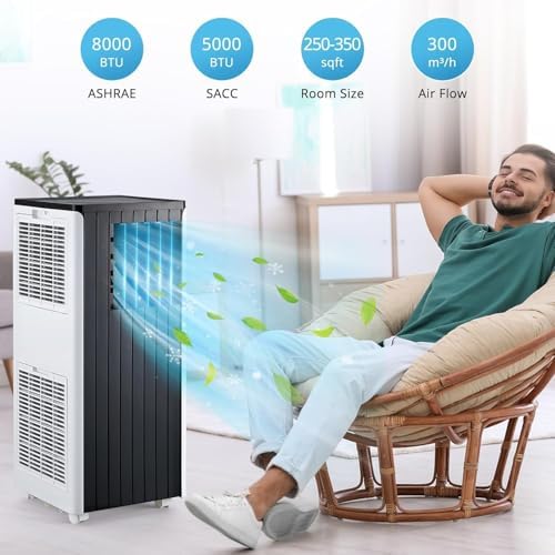 8000 BTU Portable Air Conditioner with 3-in-1 Cooling,Dehumidifier & Fan for Rooms Up to 350 Sq.Ft,Includes Window Vent Kit and Caster Wheels,Compact and Portable Design for Bedroom or Living