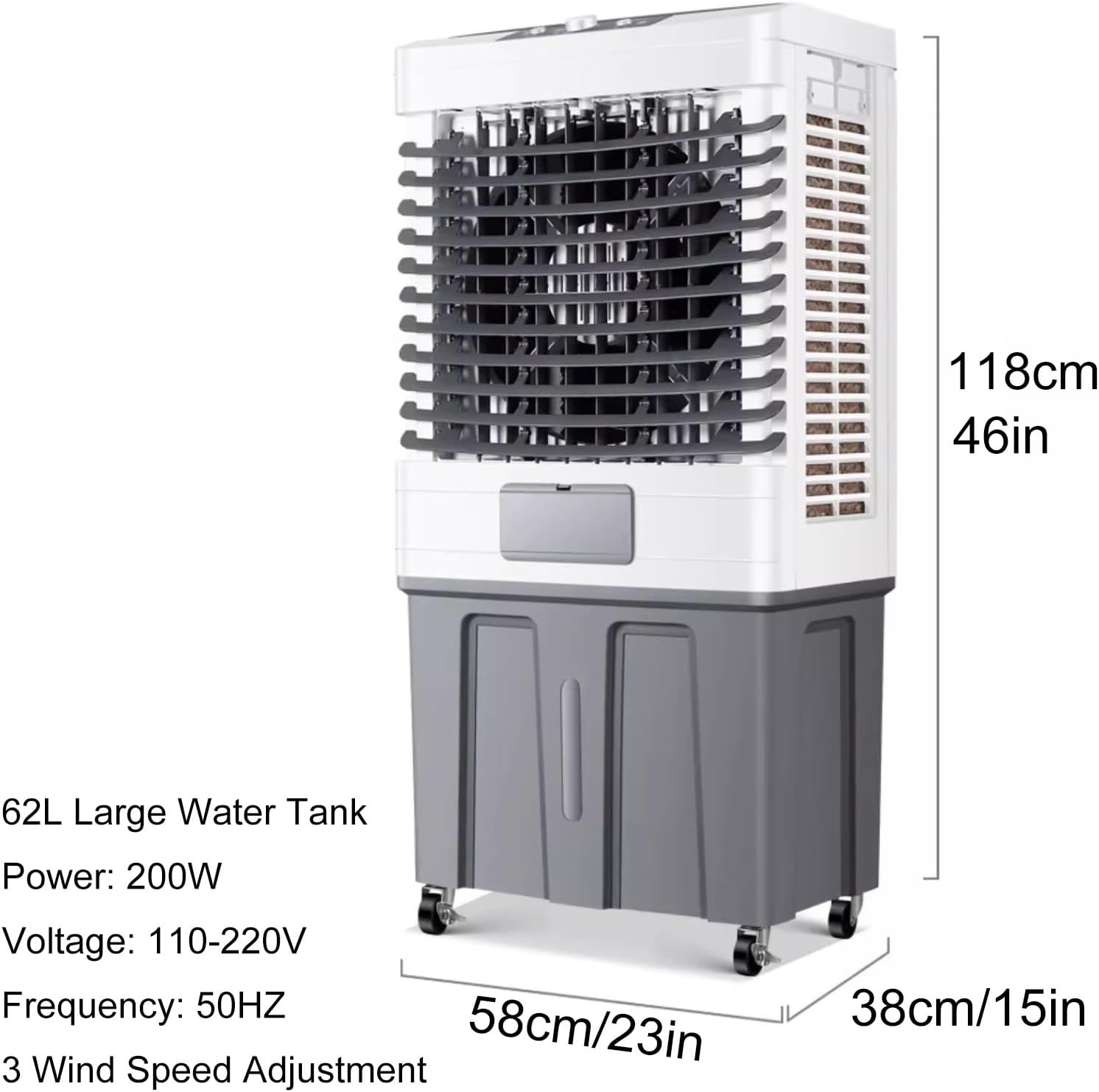 Portable Swamp Coolers, Evaporative Air Cooler, 90° Swing, 62L Large Capacity Water Tank, 3 Wind Speeds, Portable Air Conditioners Air Cooler for Outdoor Indoor Use