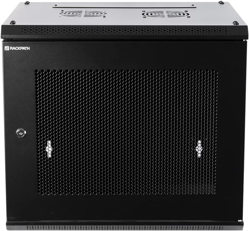 RackPath 9U Wall Mount Server Cabinet Network Rack Enclosure, Quiet Cooling Fan, Perforated Door, Black