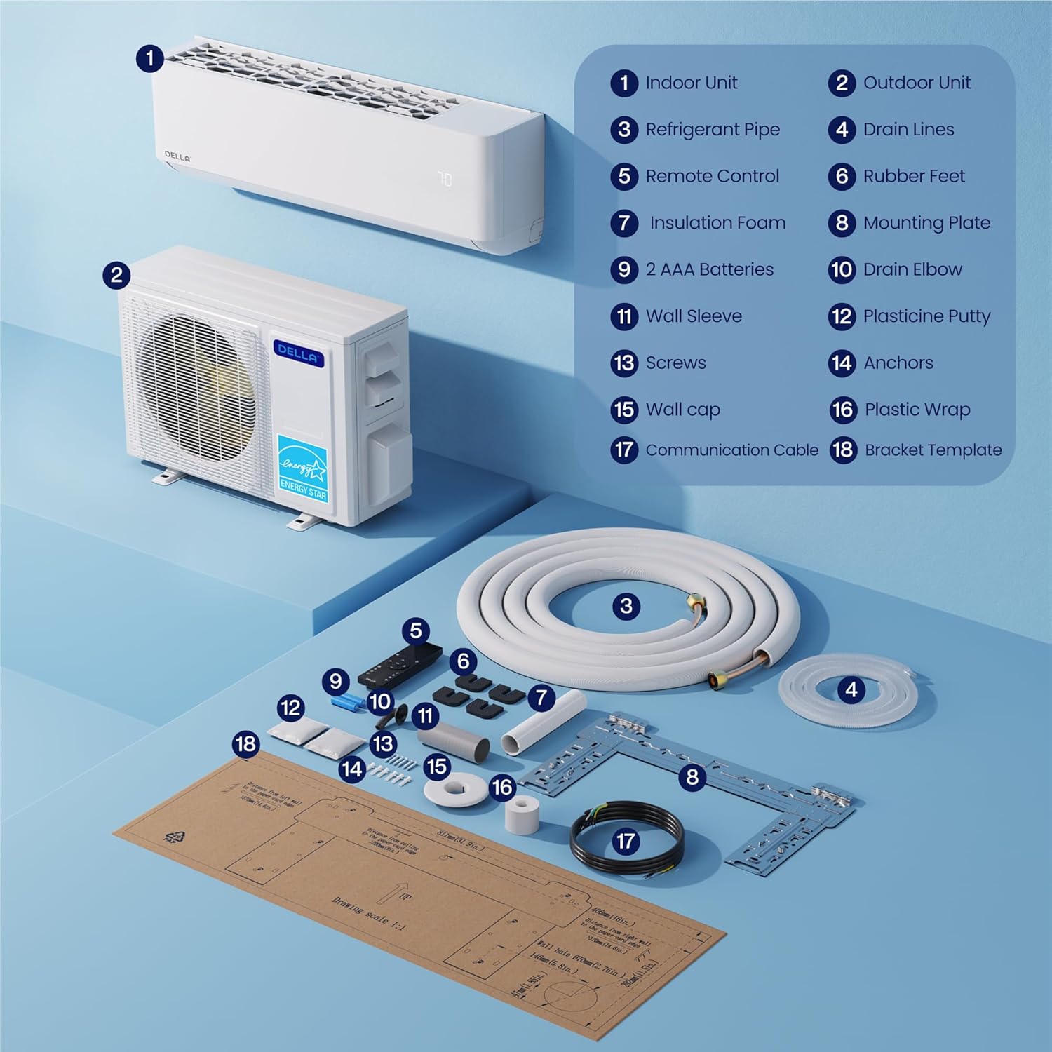 DELLA Hyper Heat Lower as -13°F, 9,000 BTU Mini Split, 24 SEER2 Energy Star 230V,Work with Alexa and WiFi, Cools Up to 400 Sq. Ft,Inverter AC with 0.75 Ton Pre-Charged Heat Pump & 16.4ft Kits