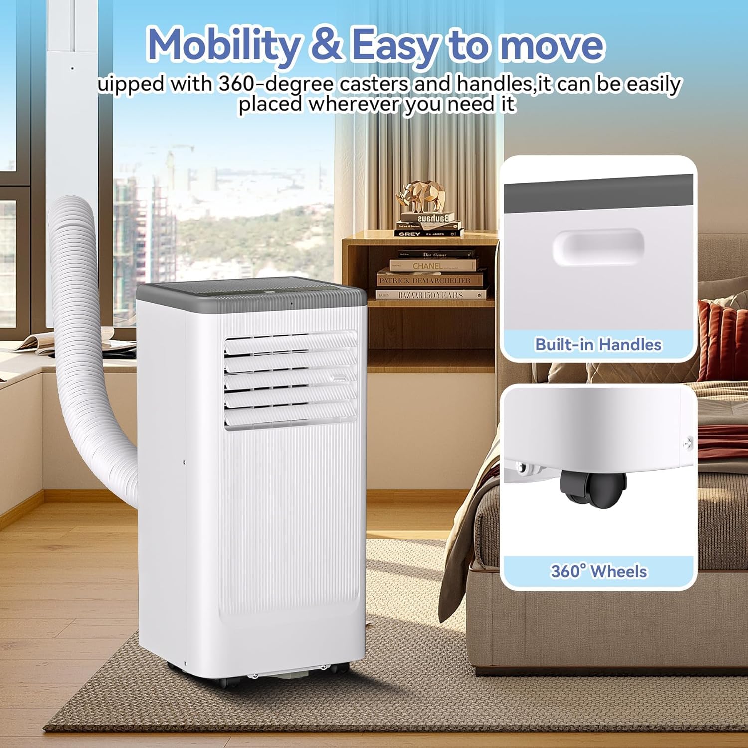 8,000 BTU Portable Air Conditioner, Smart Control, Cools up to 420 Sq. Ft., with Dehumidifier & Fan mode, Easy- to-use Remote Control for Bedroom/Dorms/Indoor Rooms, White