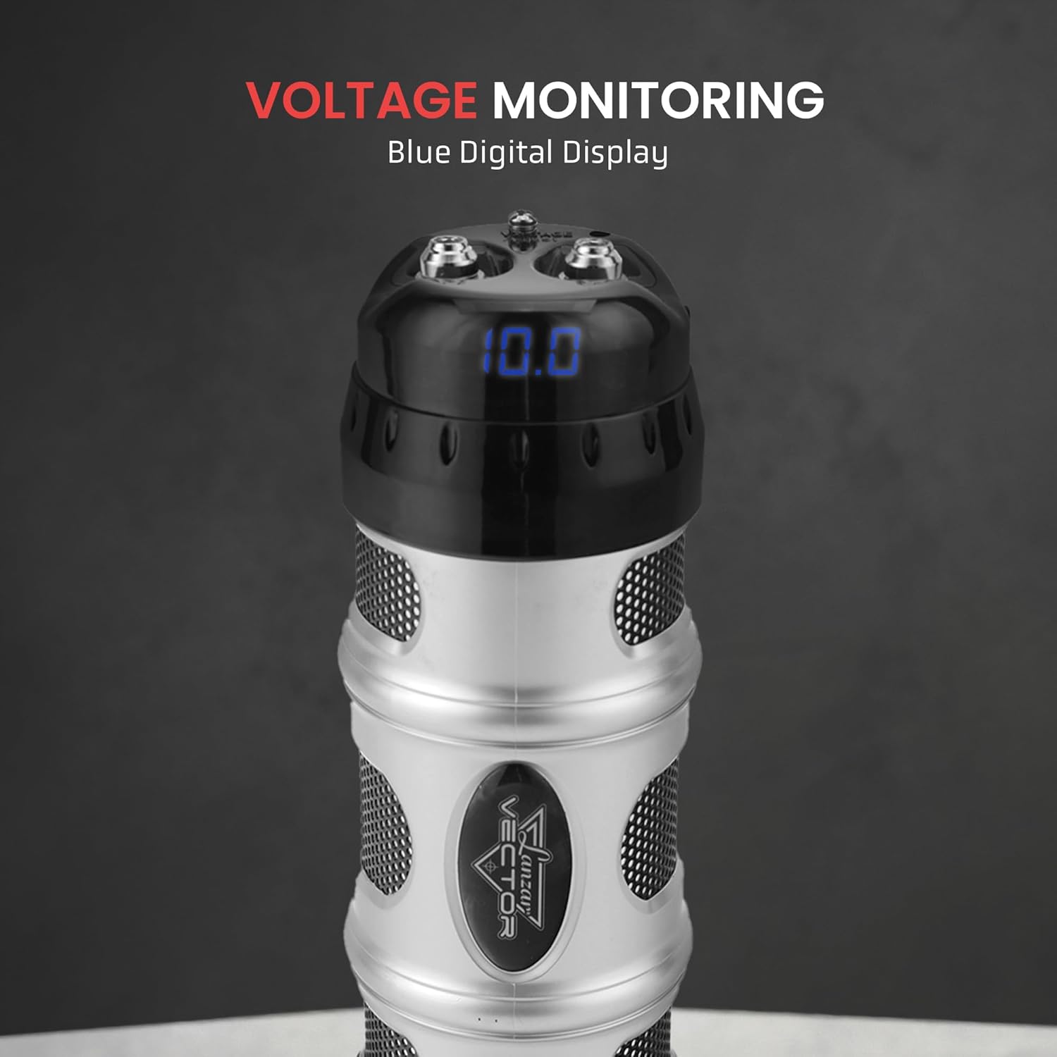 Lanzar 3.3 Farad Digital Power Capacitor, High-Performance Car Audio Accessory with Blue Digital Display Voltage Readout and LED Flash, Over Voltage Protection, Mounting Hardware, DC 12-24V