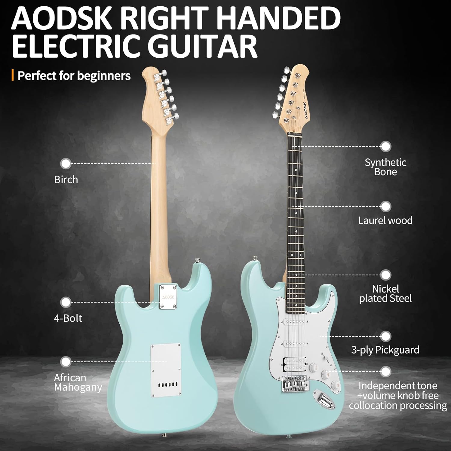 AODSK Electric Guitar with Amp Beginner Kit 39 Inch Solid Body Full Size,All Accessories,Digital Tuner,Six Strings,Four Picks,Tremolo Bar,Strap,Gig Bag,Starter kit (Blue-HSS)