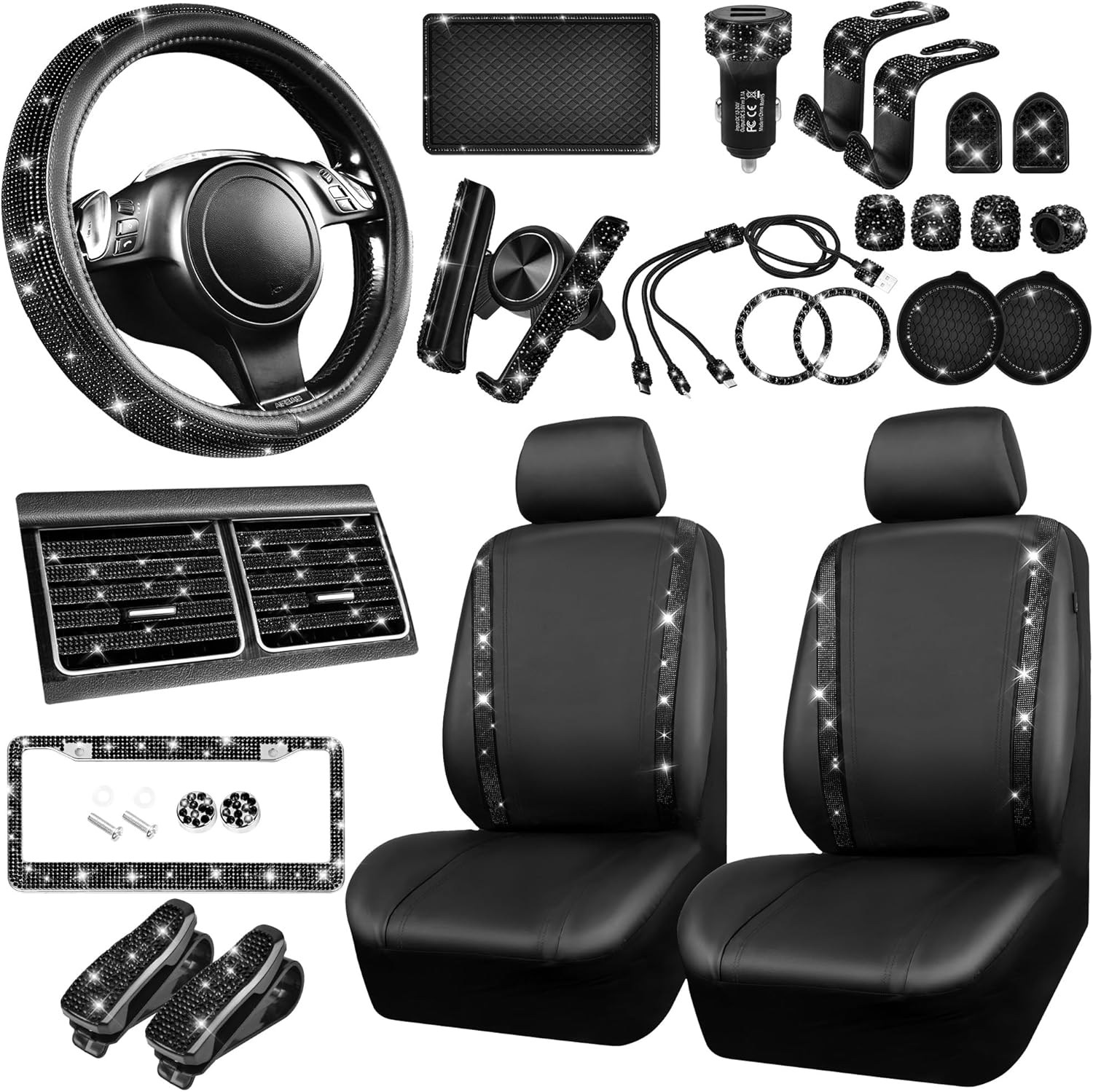 CAR PASS 34 PCS Bling Diamond Car Accessories Set for Women, Leather Car Seat Covers Steering Wheel Covers 15'', USB Charger Phone Holder Shining Rhinestone Sparkly, Cute Interior Decorations, Black