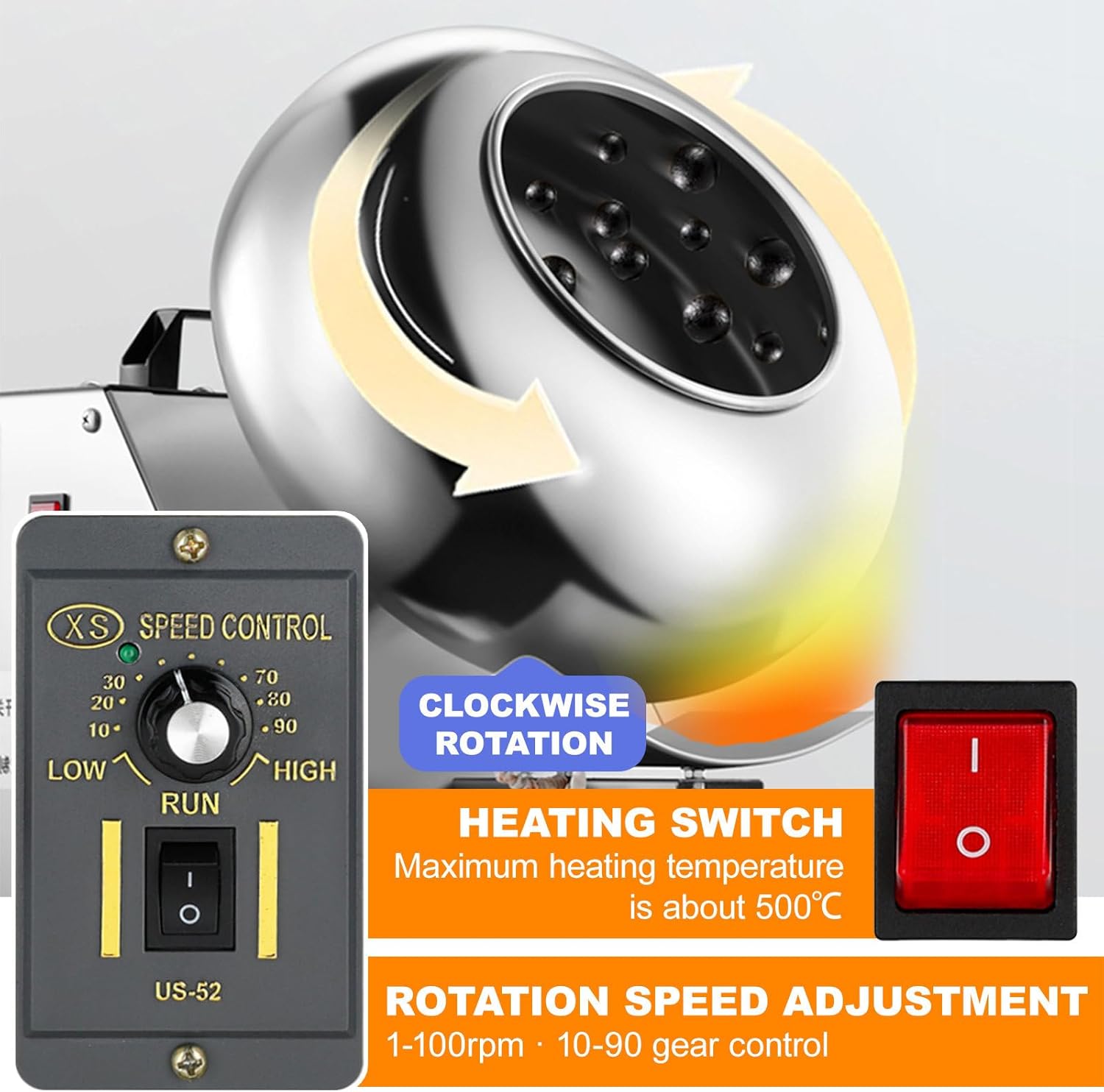 300w Electric Sugar Coating Chocolate Polishing Machine | Output:1-4kg/Time | Adjustable Speed | Uniform Heating | Automatic Chocolate Drum Mixer for Precoating for Confectionery | With Hair Dryer