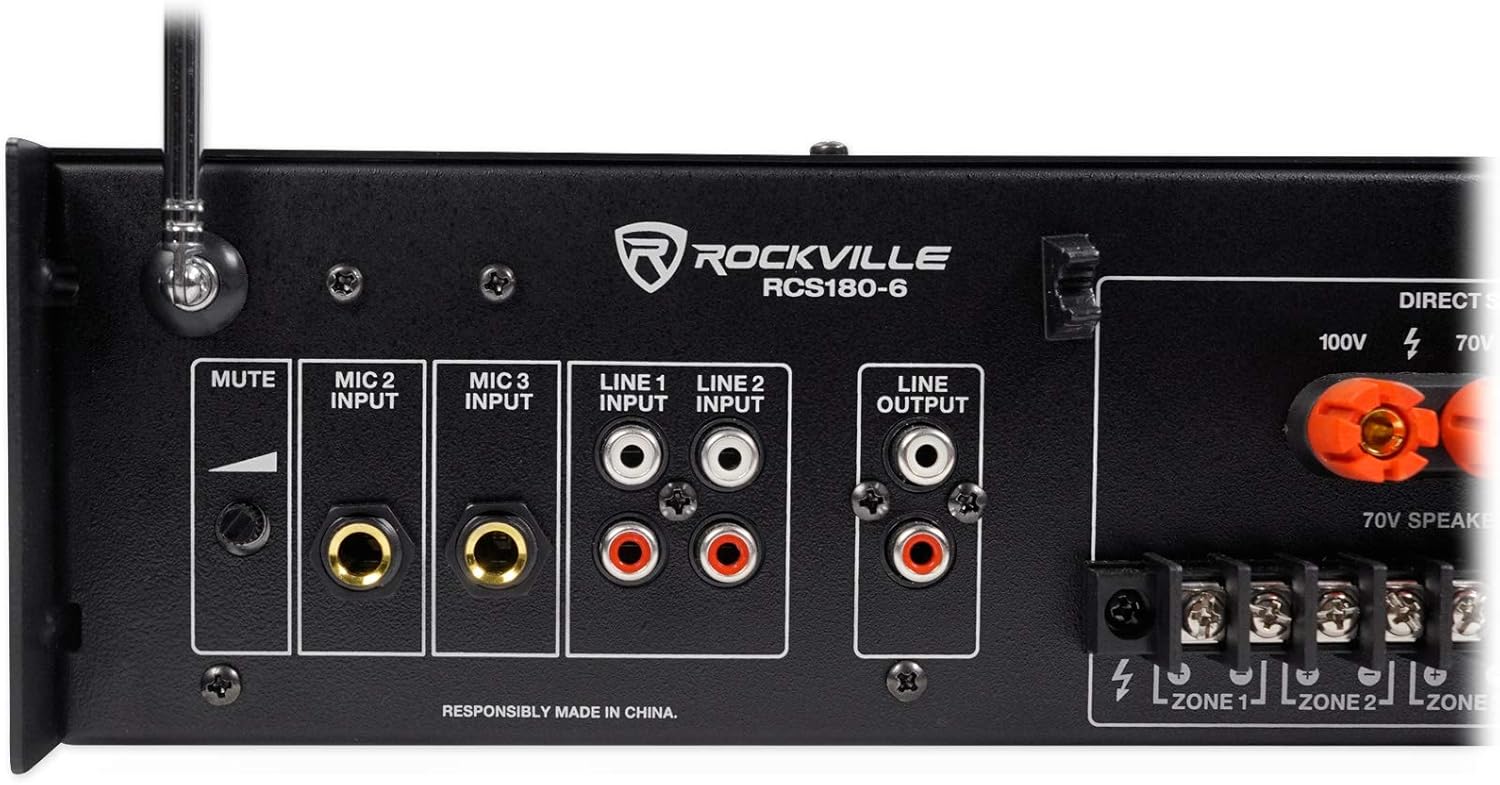 Rockville RCS180-6 180W 6-Zone 70v Commercial Amplifier, Bluetooth, USB/SD/RCA, Mic, Optical Inputs, FM, for Restaurants/Offices