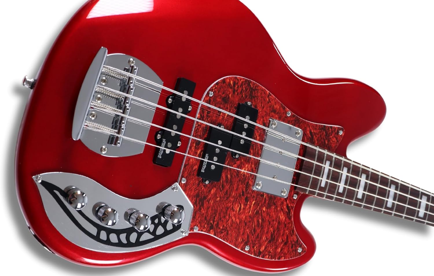 Disher Rattlesnake Bass Guitar (with Disher hard case, Disher seatbelt/leather guitar strap & 10 ft braided guitar cable) (3 Colors) (Metallic Cherry Red)