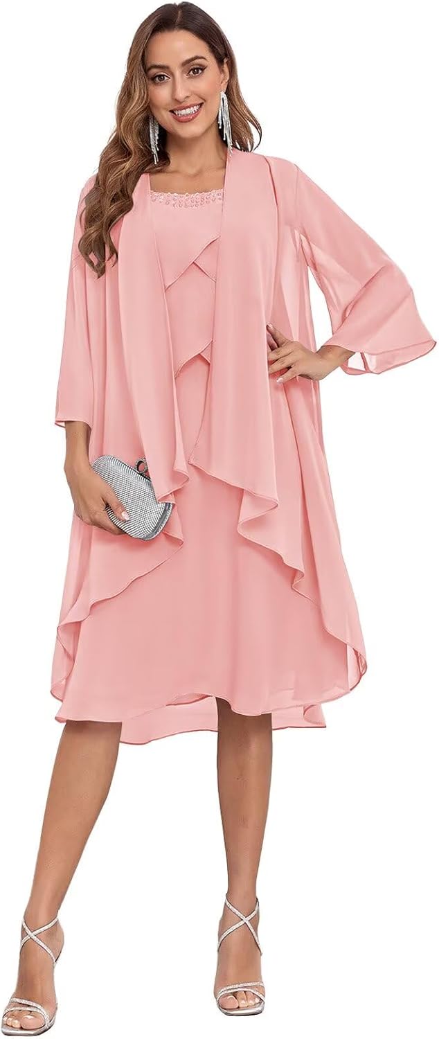 POMUYOO 2 Piece Mother of The Bride Dresses for Wedding Beaded Chiffon Tiered Formal Dress with Jacket