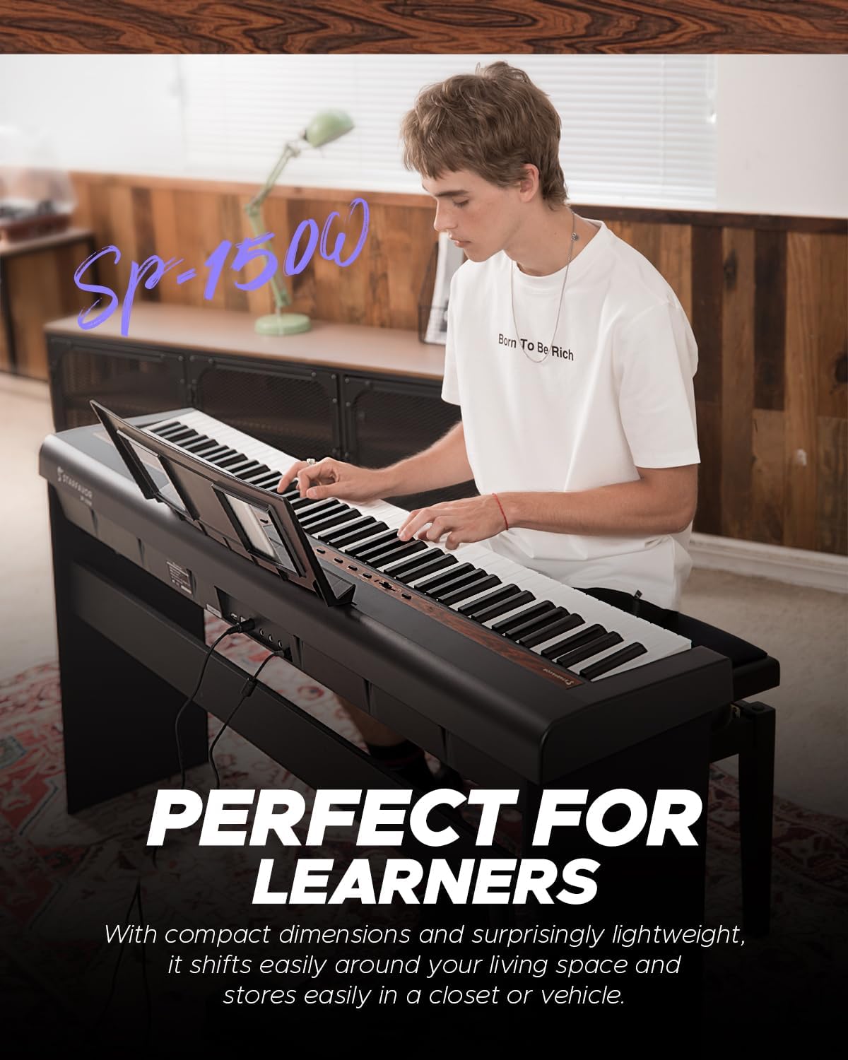 Starfavor SP-150W with Stand Digital Piano with Pedal, 88 Key Weighted Keyboard with Hammer Action,2x30W Speakers,200 Rhythms,238 Tones, Wood Grain Pattern, MIDI/USB