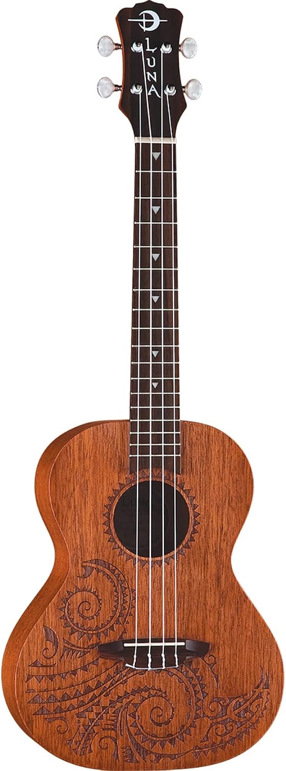 Luna Tattoo Mahogany Tenor Ukulele with Gig Bag, Satin Natural